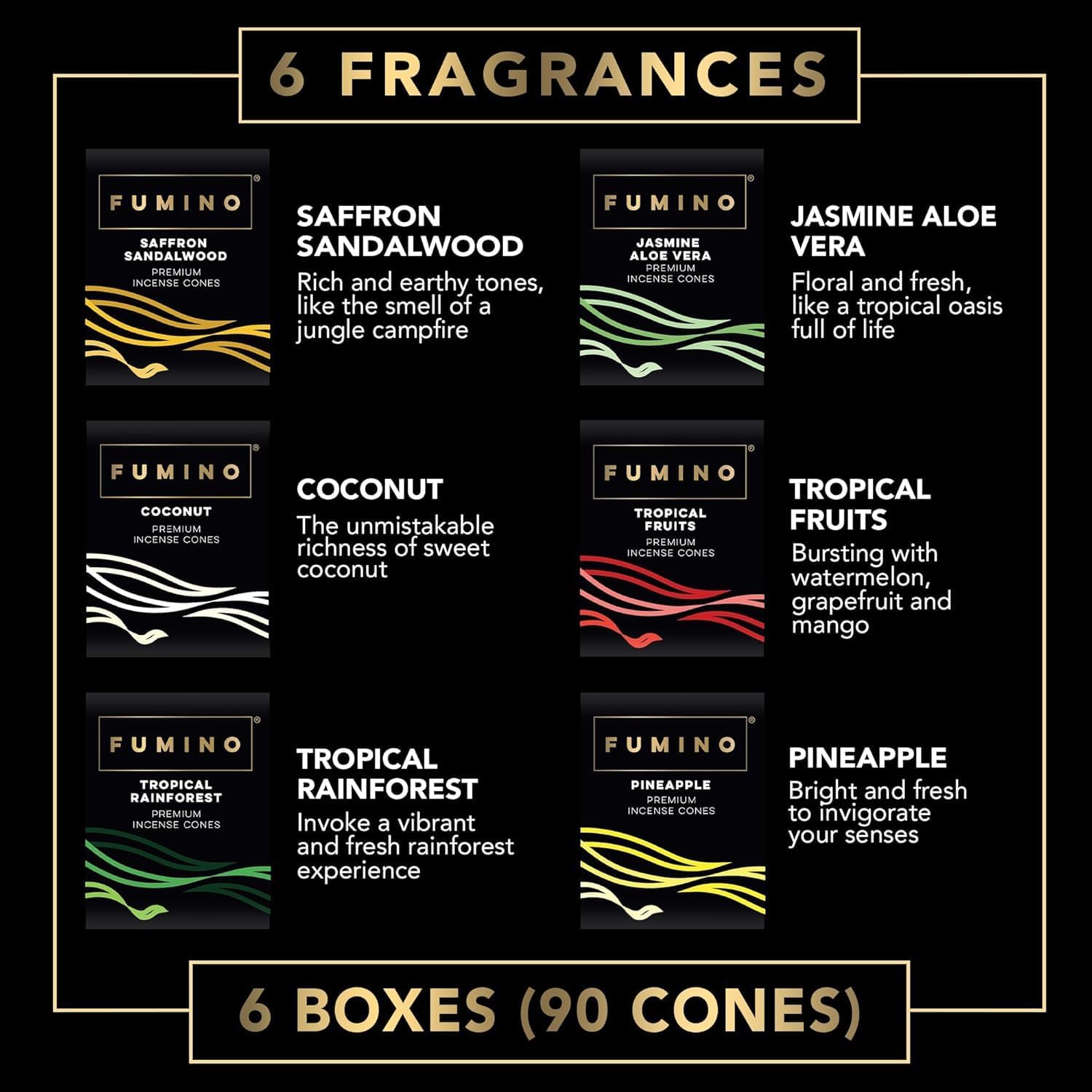 Fumino Incense Cones Tropical Multipack 6 Boxes 90 Pieces