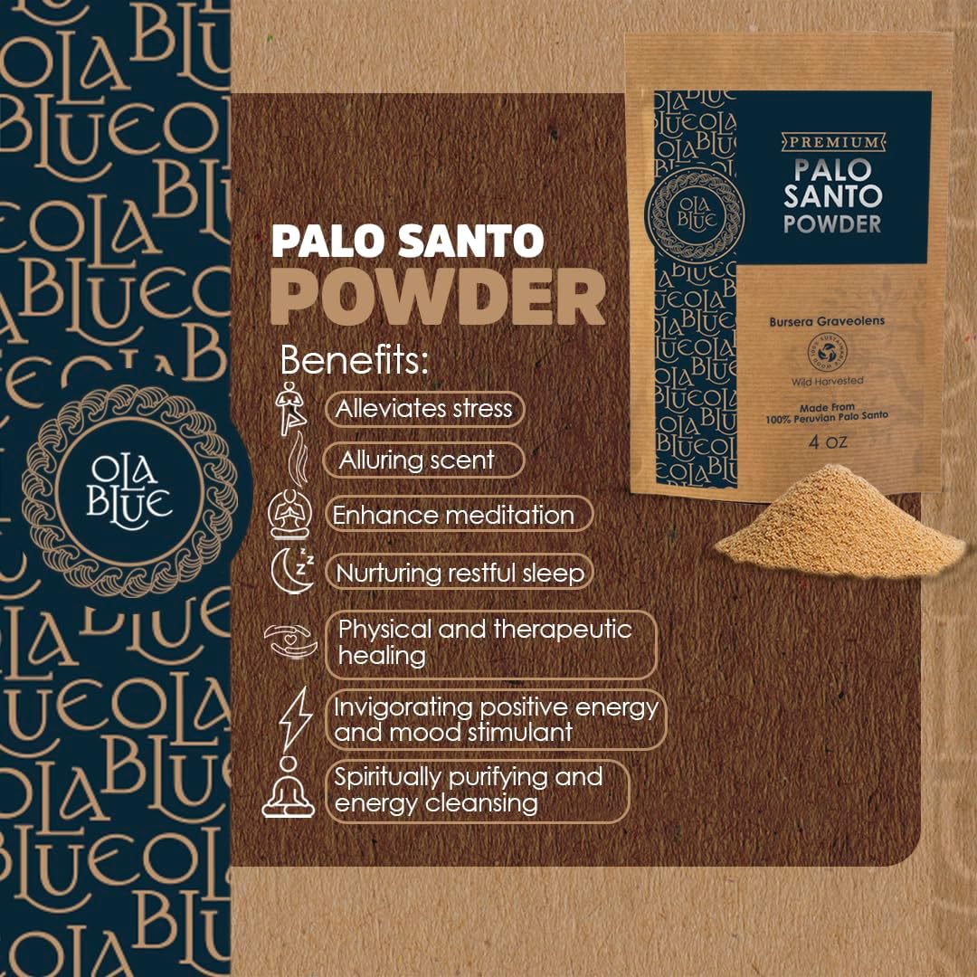 OLA BLUE Palo Santo Powder 4oz Natural from Peru for Smudging and Meditation