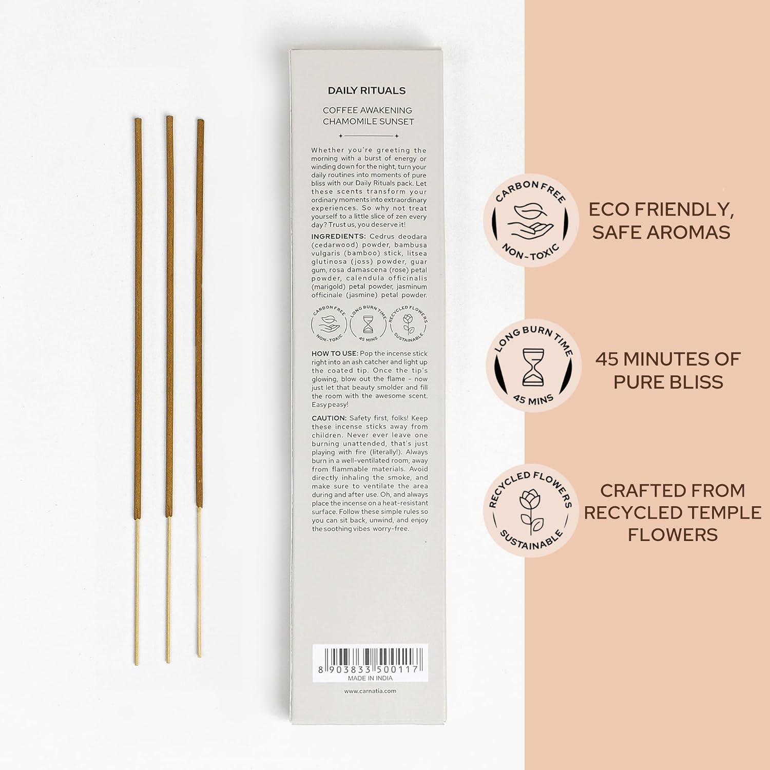 Carnatia Daily Rituals Incense Sticks Set Coffee Chamomile Scents for Morning Energy Evening Relaxation