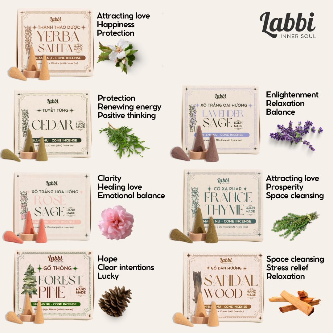 LABBI Natural Incense Cones - 20 Lavender Sage Fragrance for Relaxation and Meditation