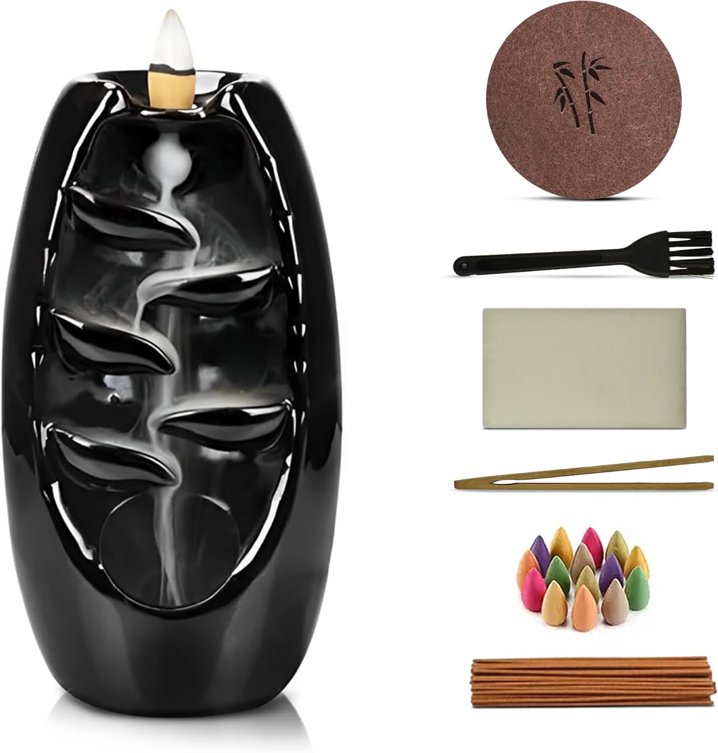 Ceramic Backflow Incense Holder with 120 Cones and 30 Sticks
