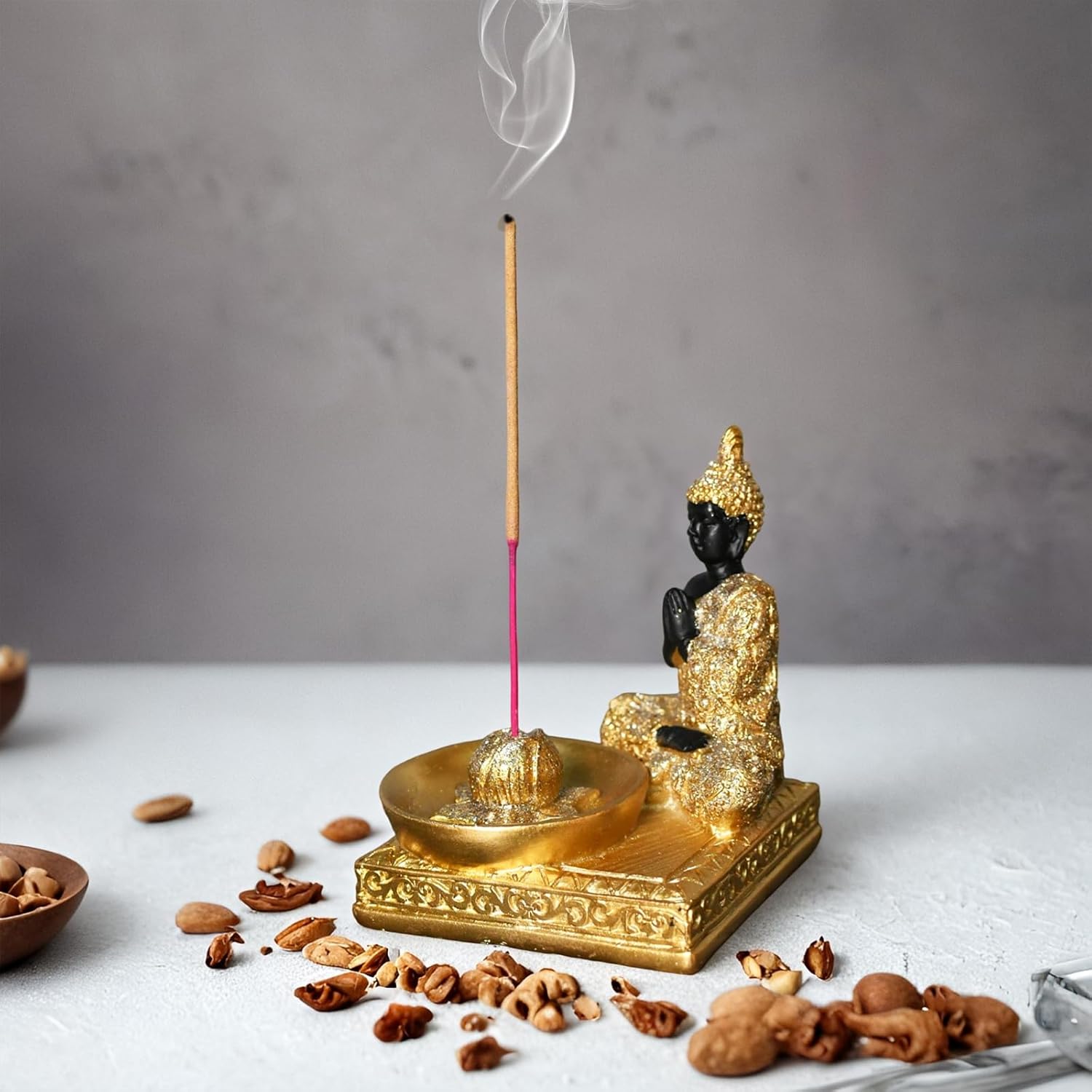 Resin Buddha Incense Holder Statue - Zen Meditation Desk Altar Decor Gold