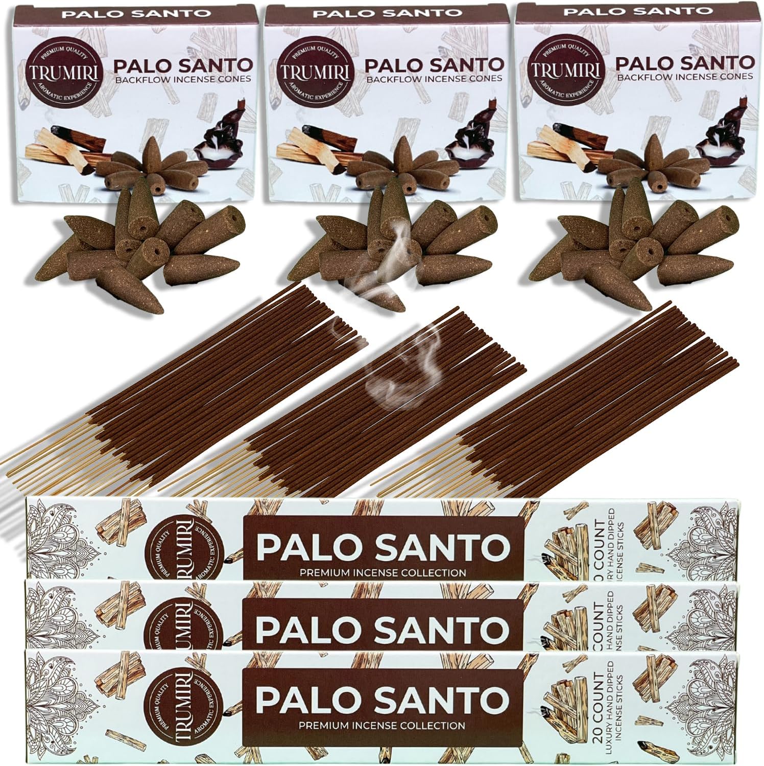 TRUMIRI Palo Santo Incense Sticks and Waterfall Cones Combo Pack