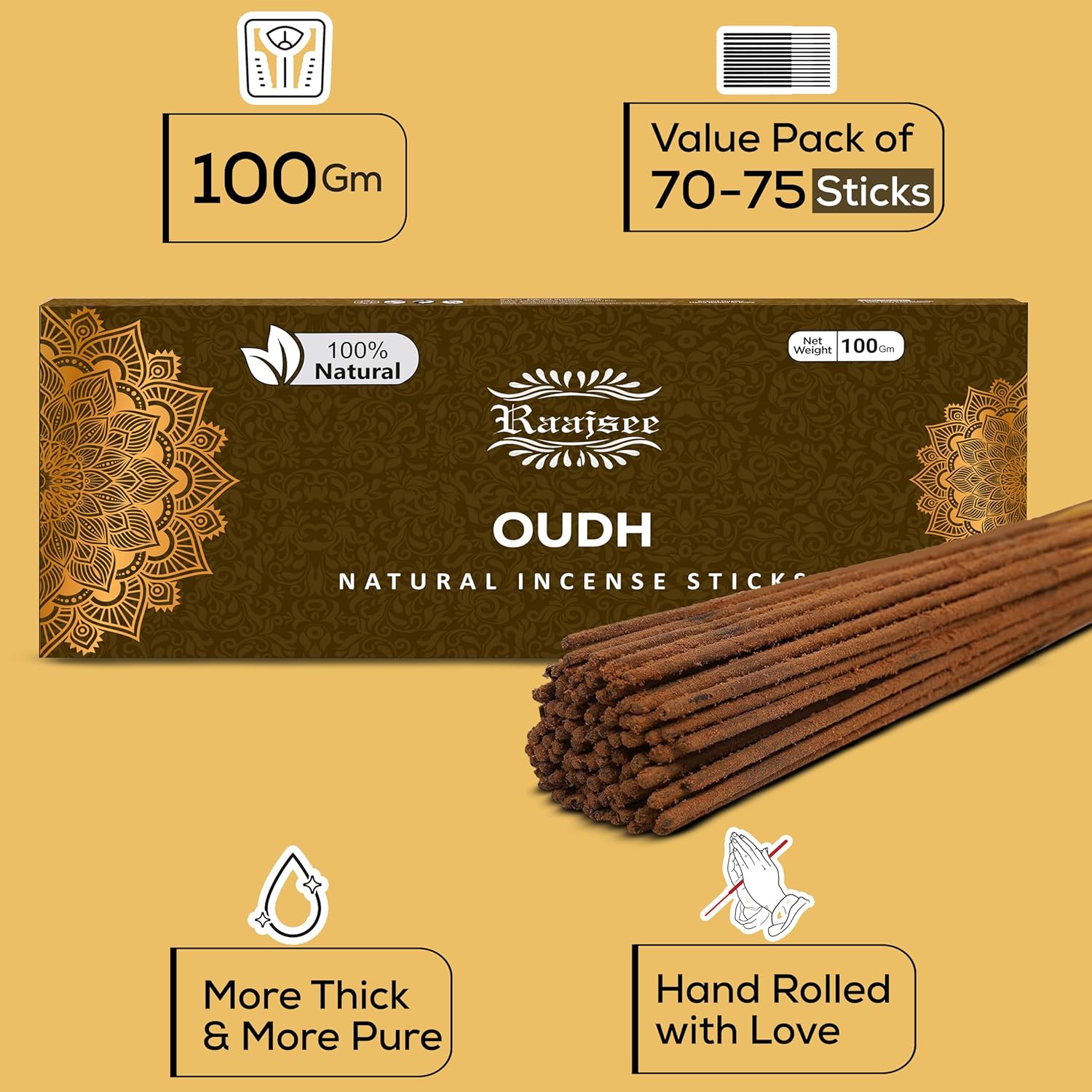 Pure Oud Agarwood Incense Sticks 100gm Pack Handmade Natural