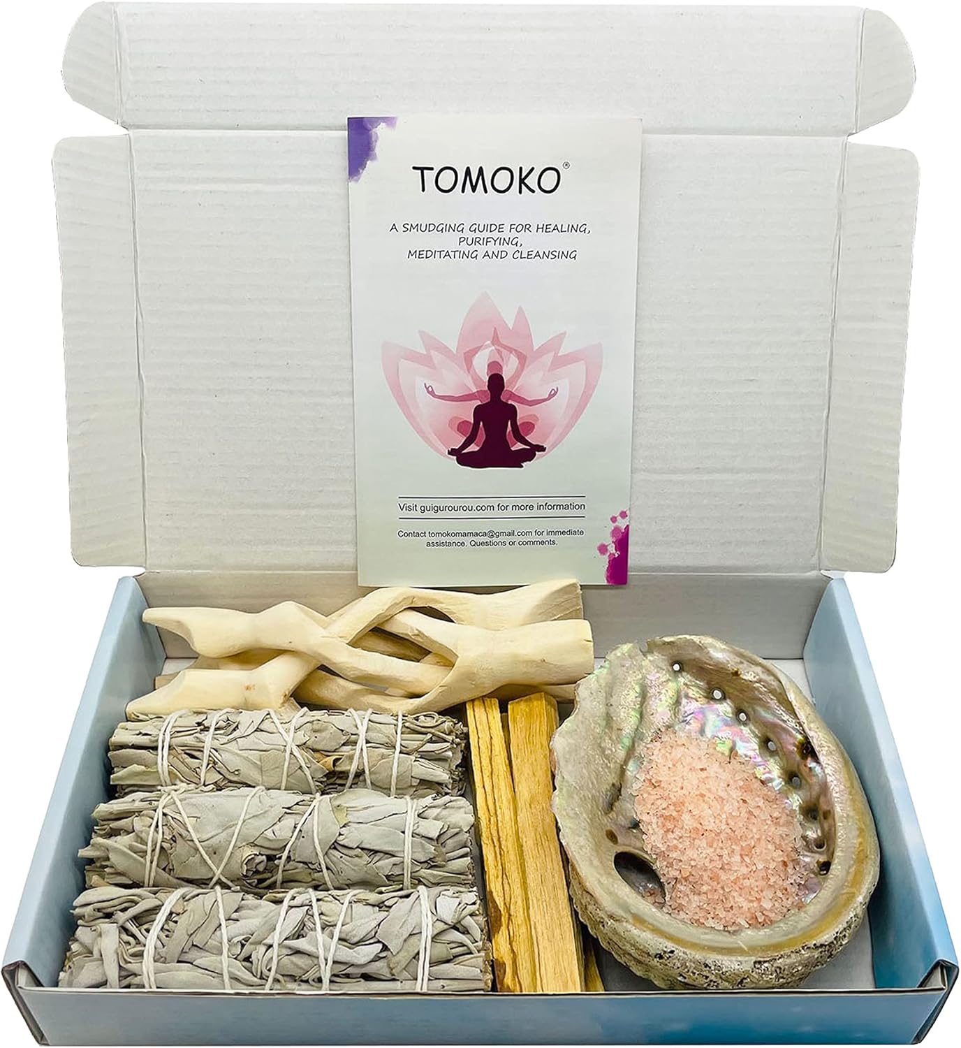 White Sage Smudge Kit - 3 Bundles 3 Palo Santo Abalone Shell Wooden Stand Feather Smudging Guide