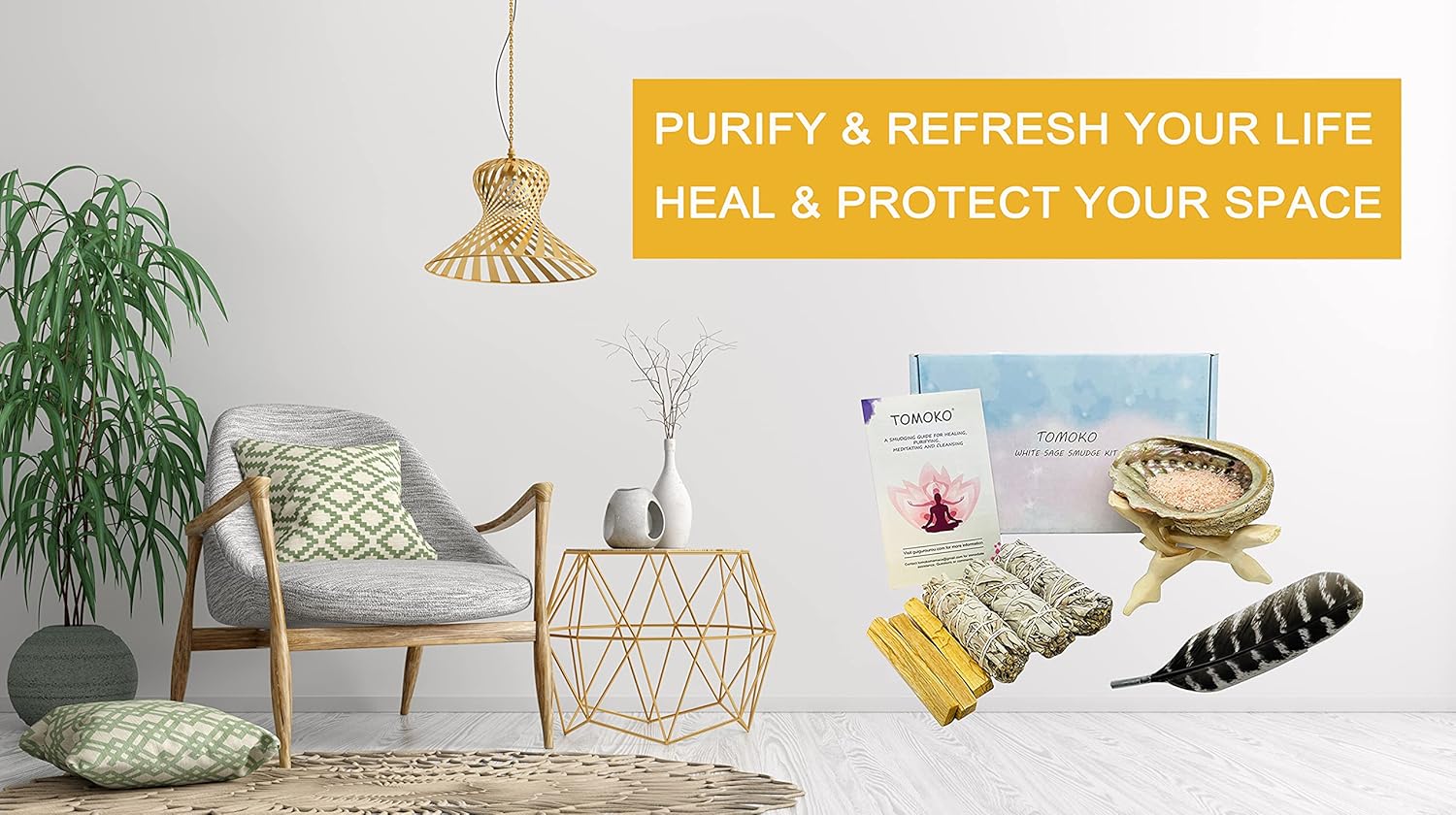 White Sage Smudge Kit - 3 Bundles 3 Palo Santo Abalone Shell Wooden Stand Feather Smudging Guide