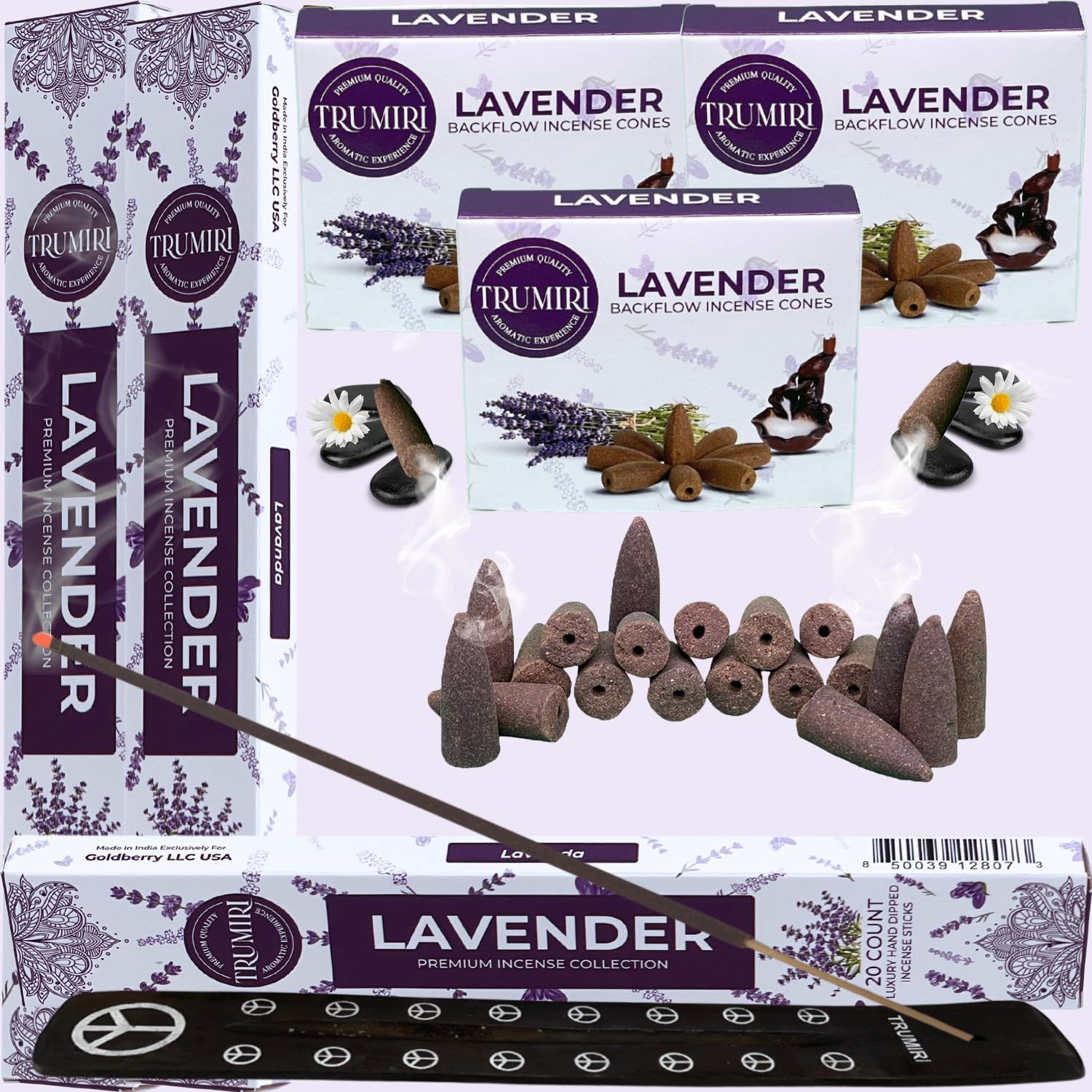 Lavender Incense Sticks Backflow Cones Combo Pack - 60 Sticks 30 Cones