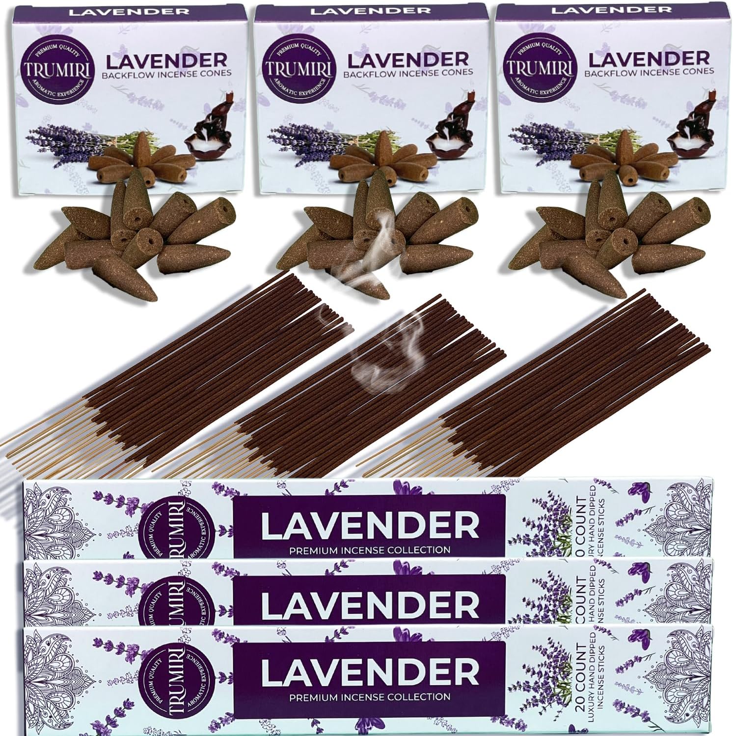 Lavender Incense Sticks Backflow Cones Combo Pack - 60 Sticks 30 Cones