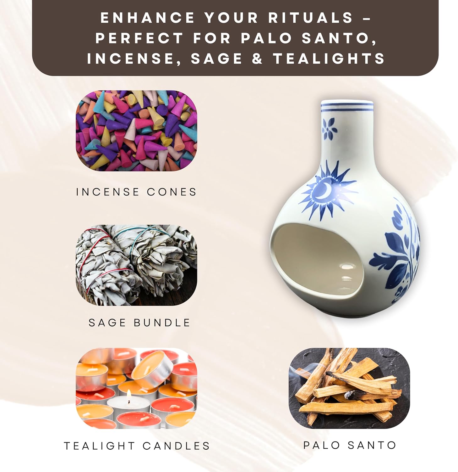 Ceramic Palo Santo Burner with Ash Catcher Floral Design