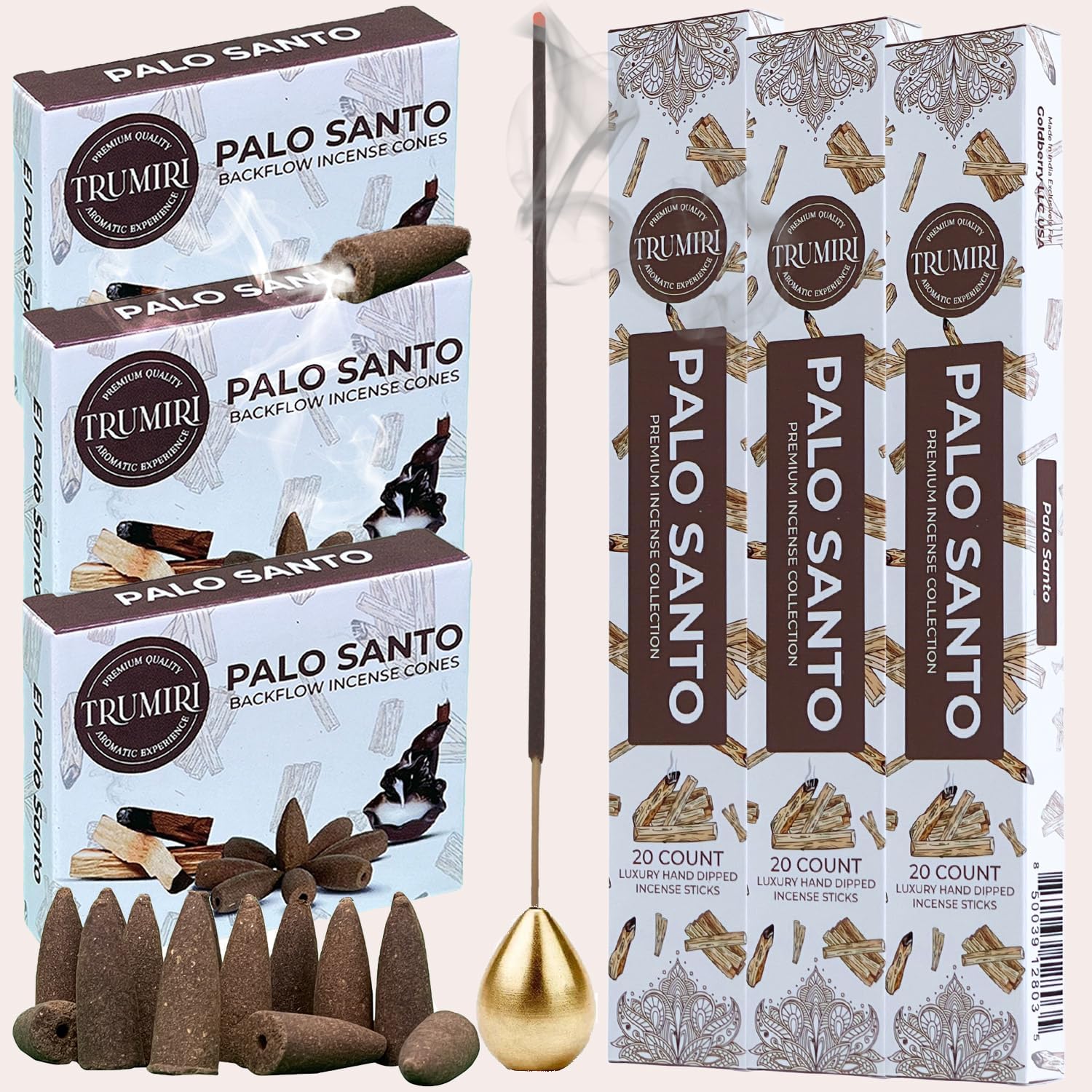 TRUMIRI Palo Santo Incense Sticks and Waterfall Cones Combo Pack