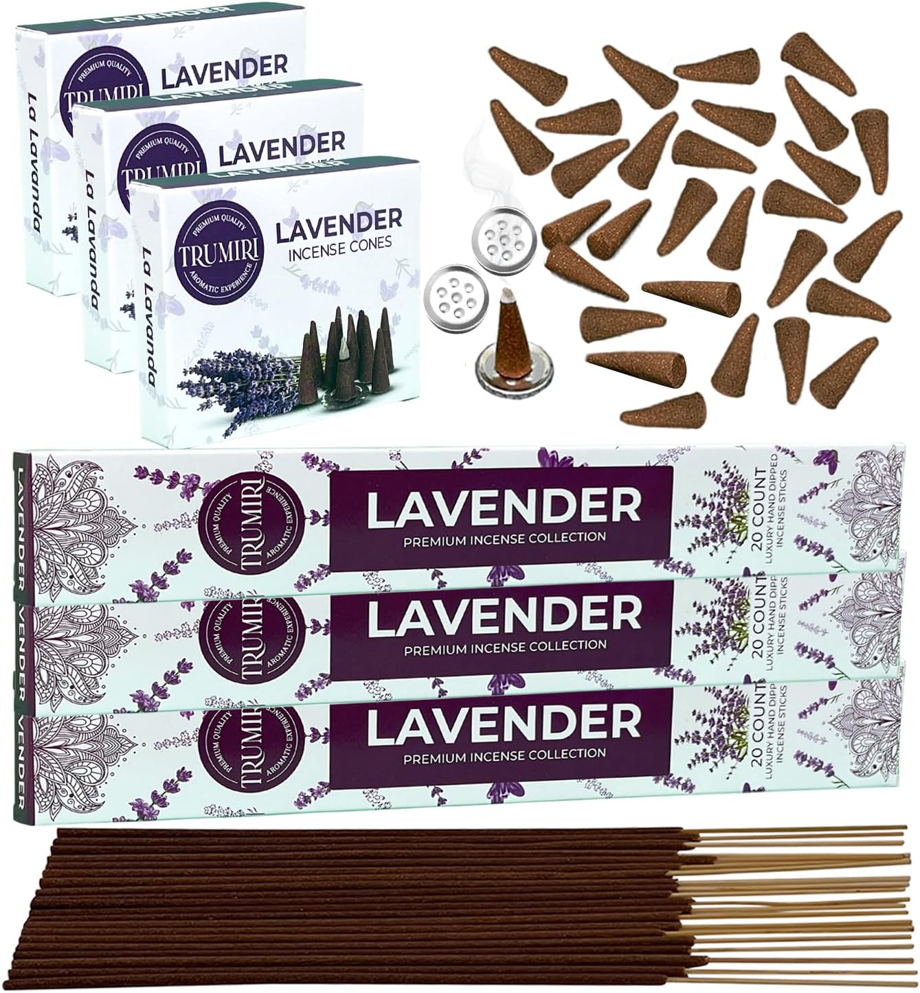 Lavender Incense Sticks Cones Combo Pack - 60 Sticks 30 Cones