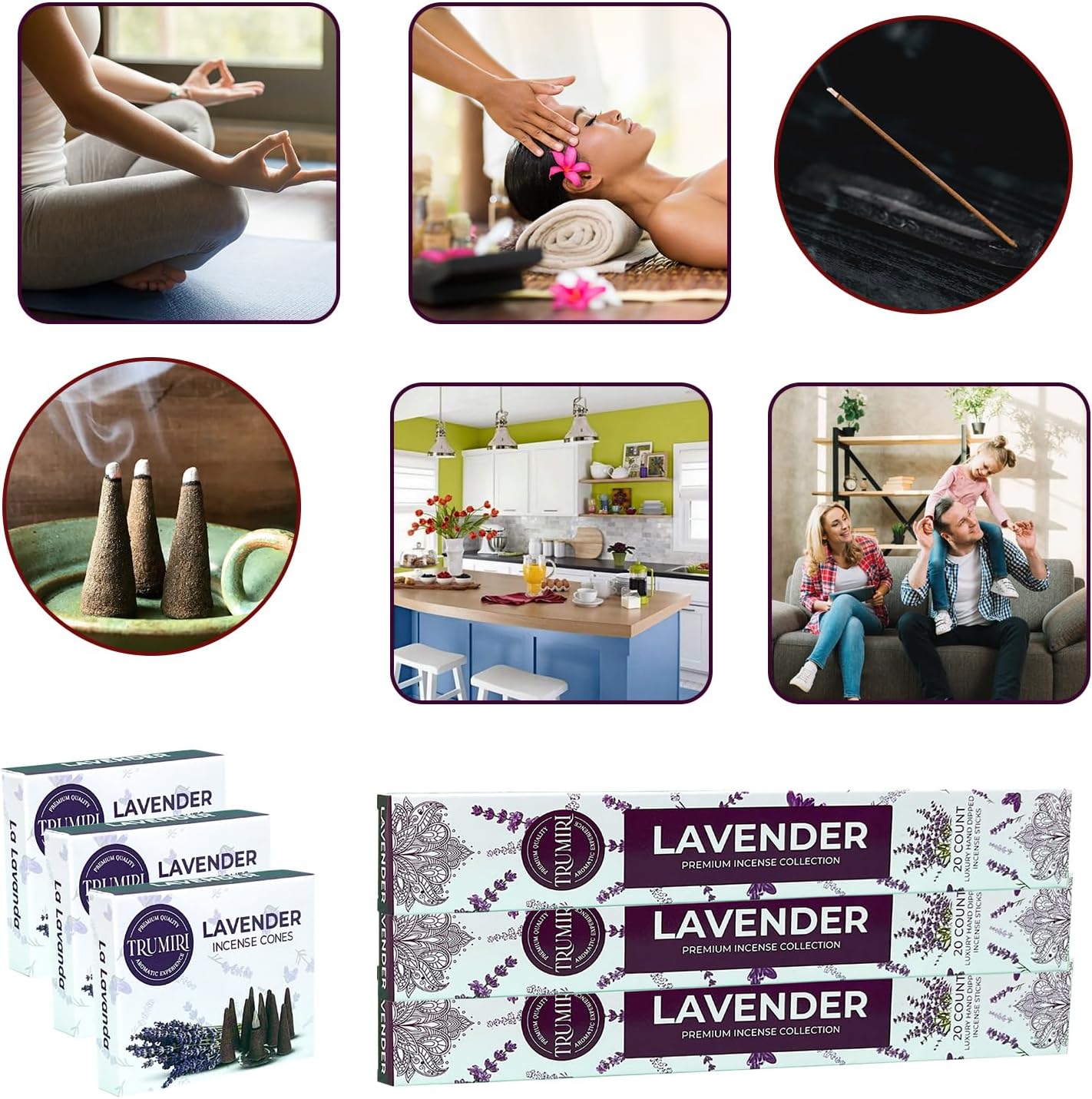 Lavender Incense Sticks Cones Combo Pack - 60 Sticks 30 Cones