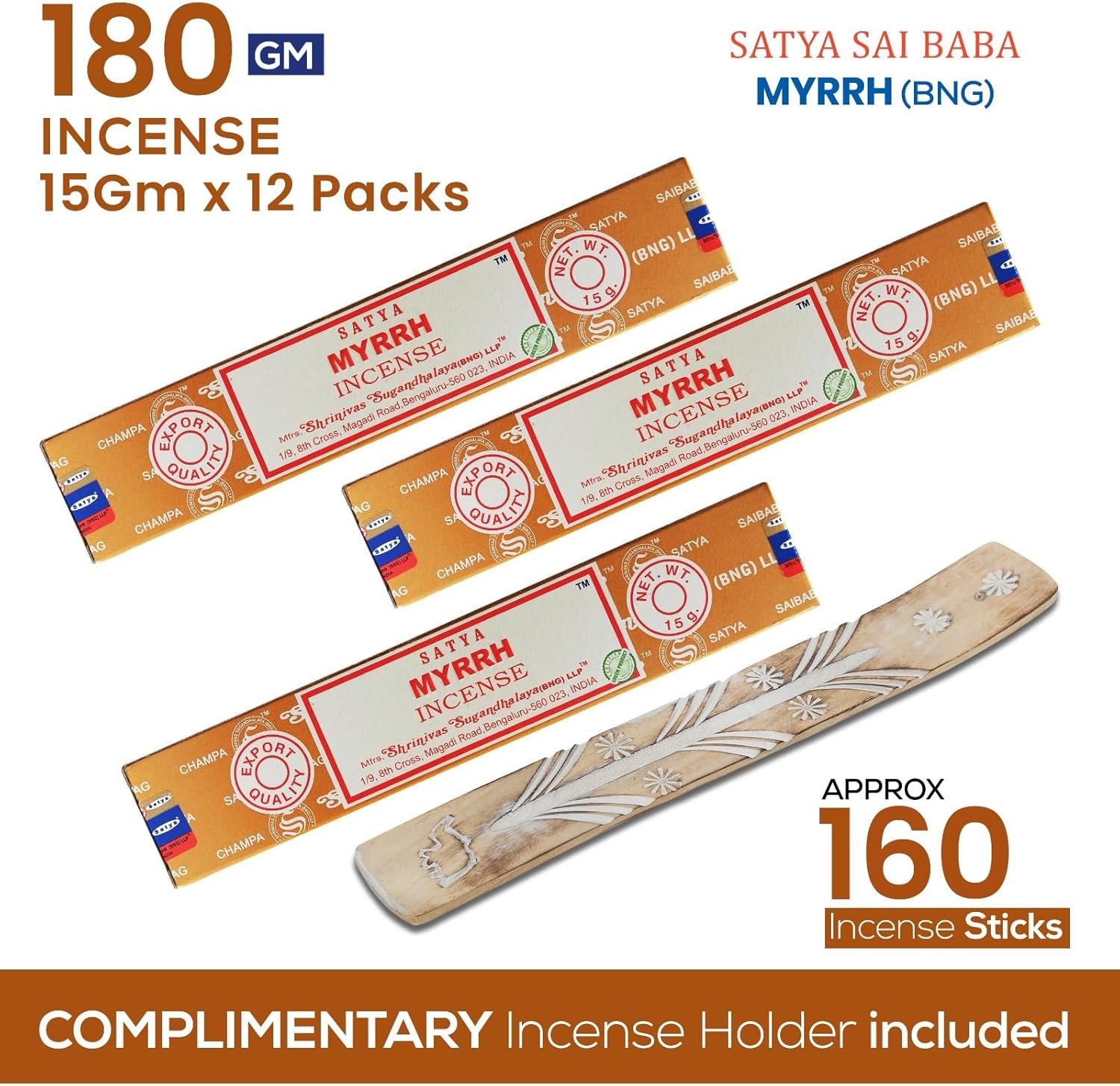 Satya Myrrh Incense Sticks 15gmx12 Pack with Raajsee Holder