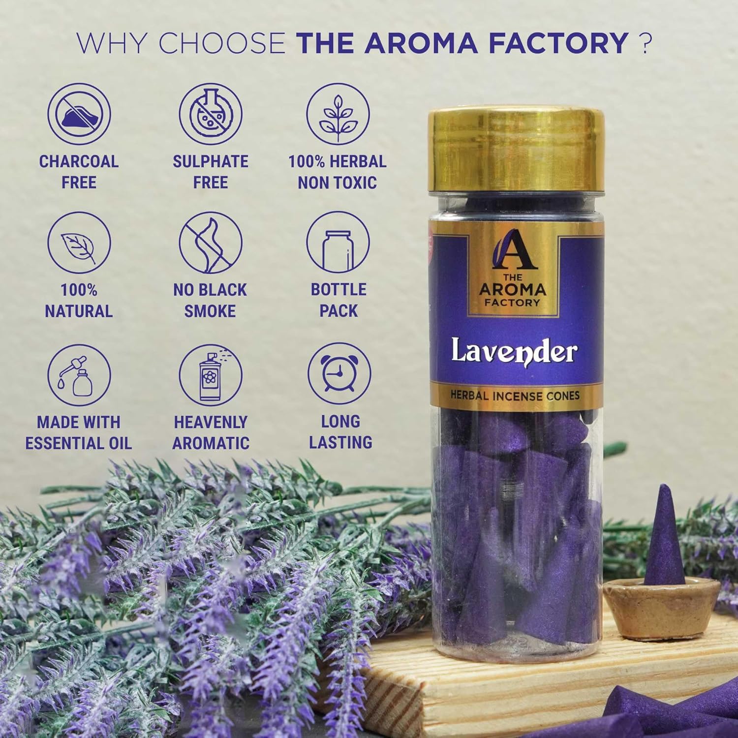 The Aroma Factory Incense Dhoop Cone Lavender 1 Bottle x 30 Cones
