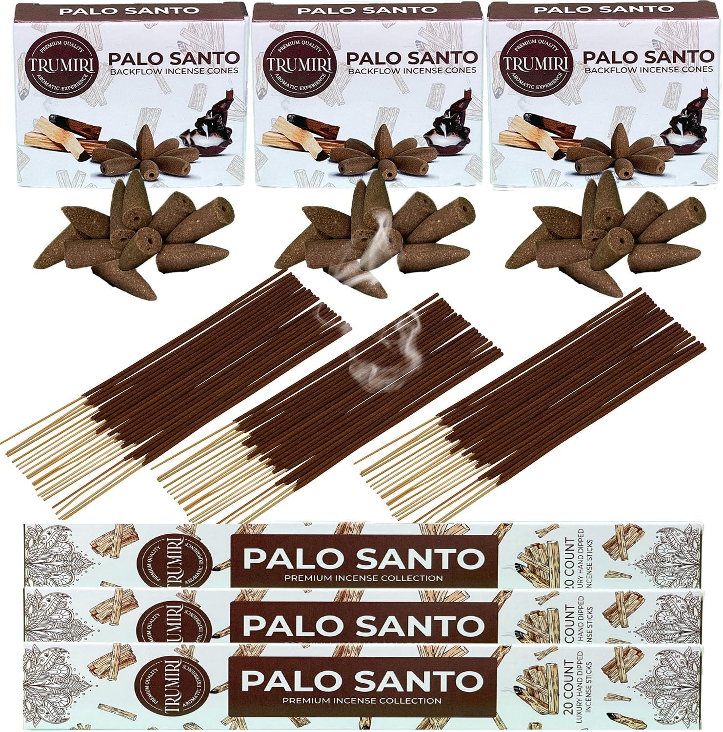 TRUMIRI Palo Santo Incense Sticks and Waterfall Cones Combo Pack