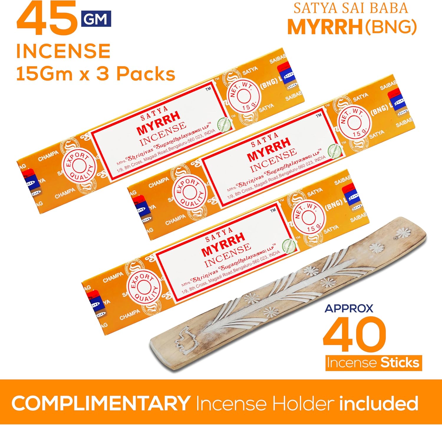 Satya Nagchampa Myrrh Incense Sticks 45 GMS with Raajsee Holder