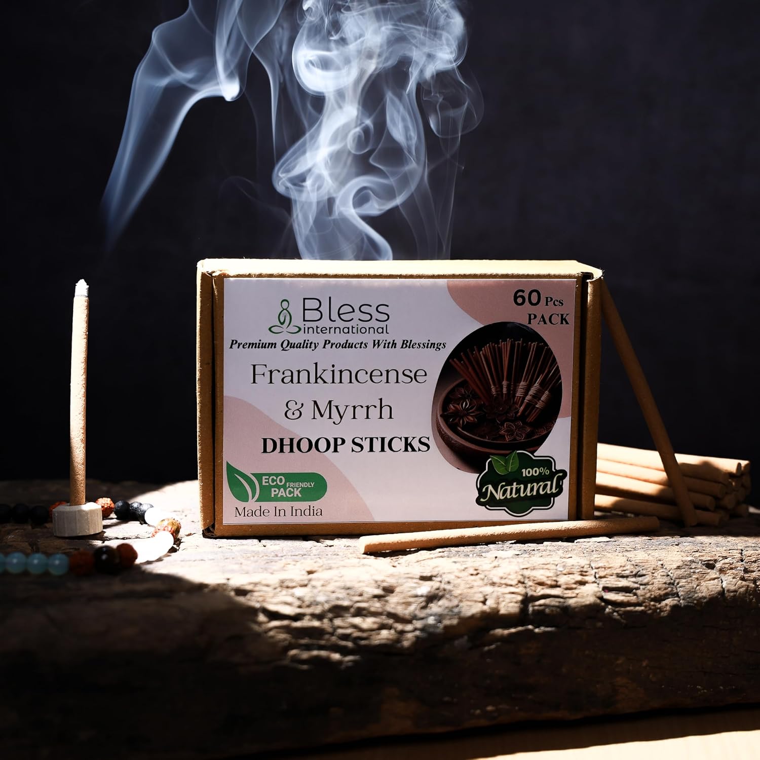 Bless International Frankincense and Myrrh Dhoop Sticks 60 Count Organic Natural Bambooless