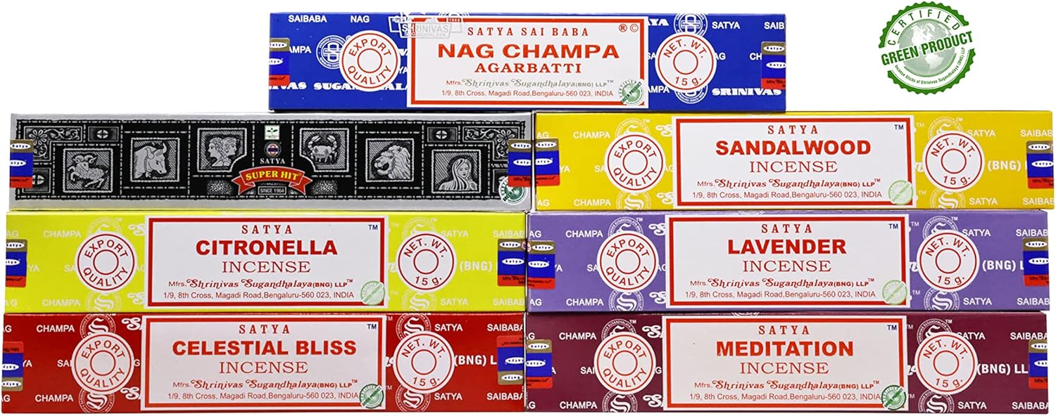 Earth Satya Incense Sticks Set of 7 - Nag Champa Sandalwood Lavender Citronella Meditation Healing and Relaxation