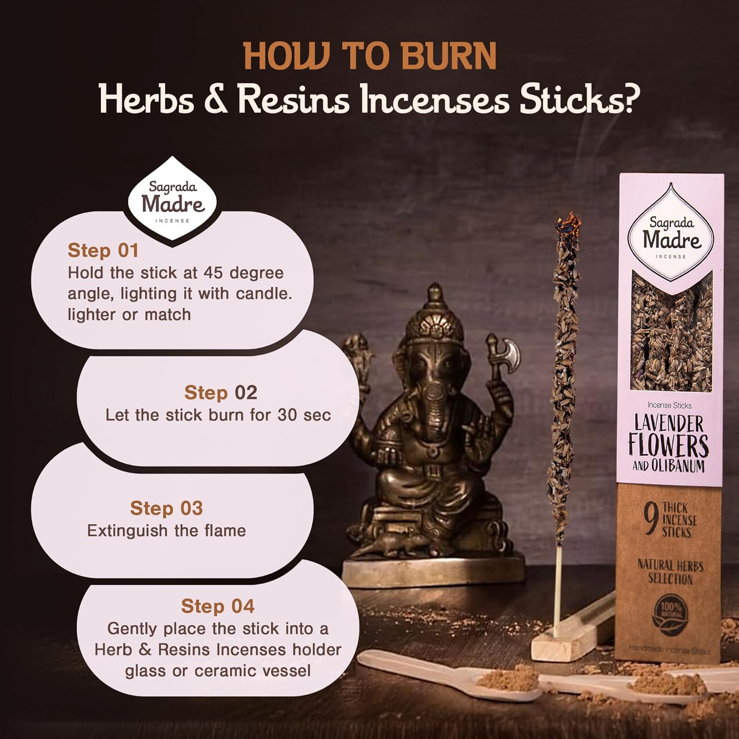 Sagrada Madre 9 pcs Natural Lavender Olibanum Incense Sticks
