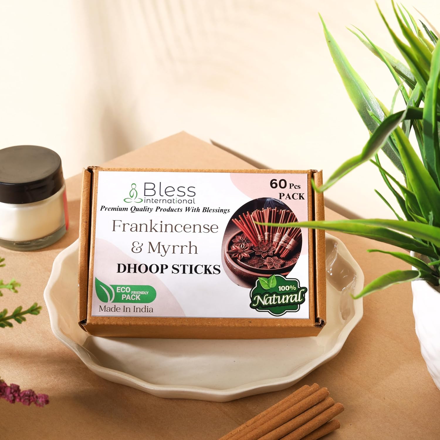 Bless International Frankincense and Myrrh Dhoop Sticks 60 Count Organic Natural Bambooless
