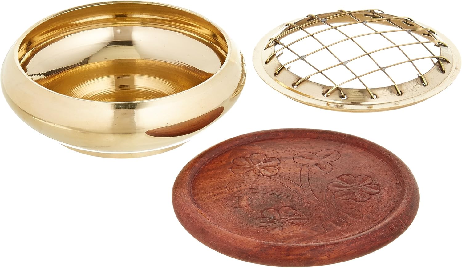 Screen Charcoal Incense Burner 3 Inch Brass with Wooden Coaster