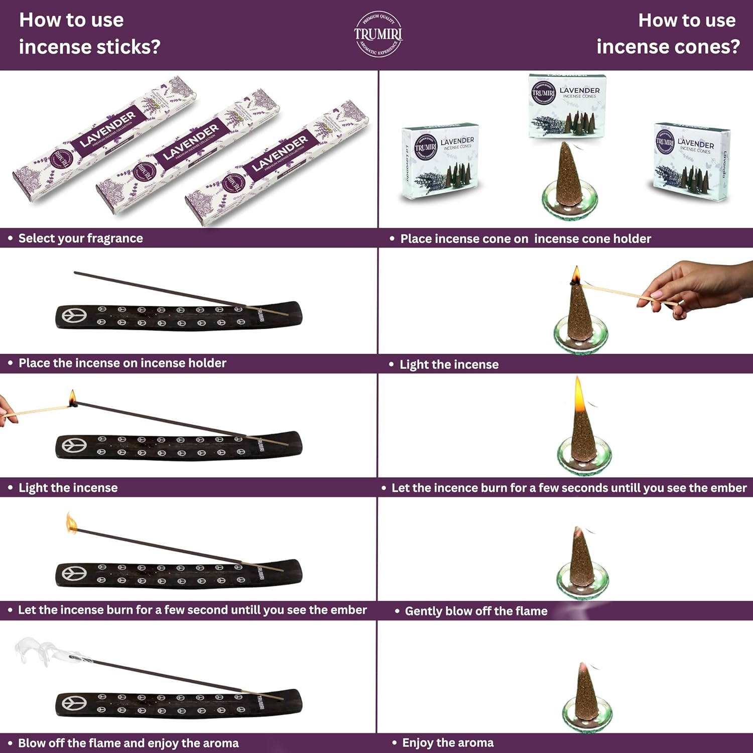 Lavender Incense Sticks Cones Combo Pack - 60 Sticks 30 Cones