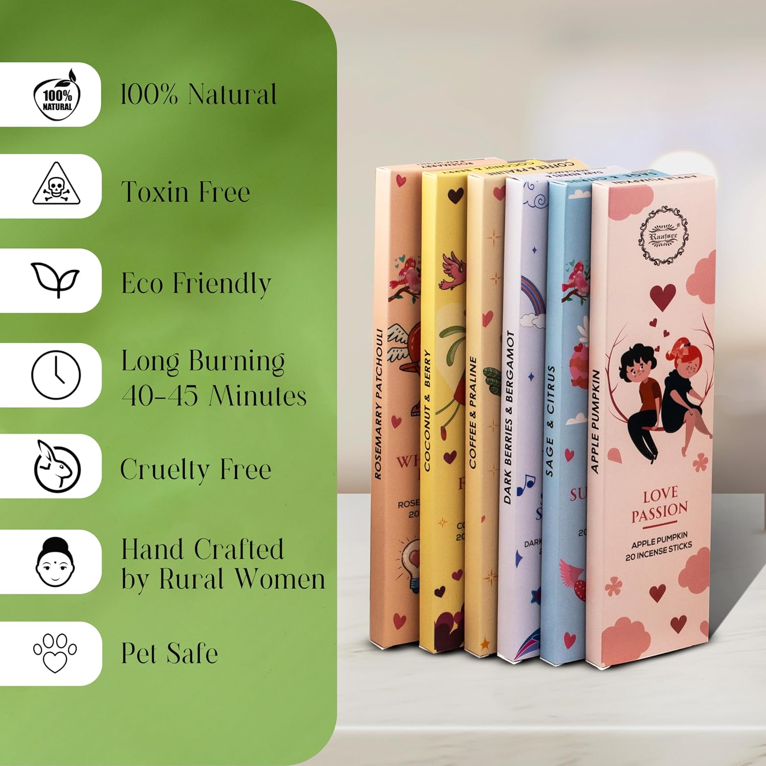 Raajsee Natural Incense Sticks Variety Pack - 120 Sticks 6 Scents Organic Non Toxic Boho Gift Set