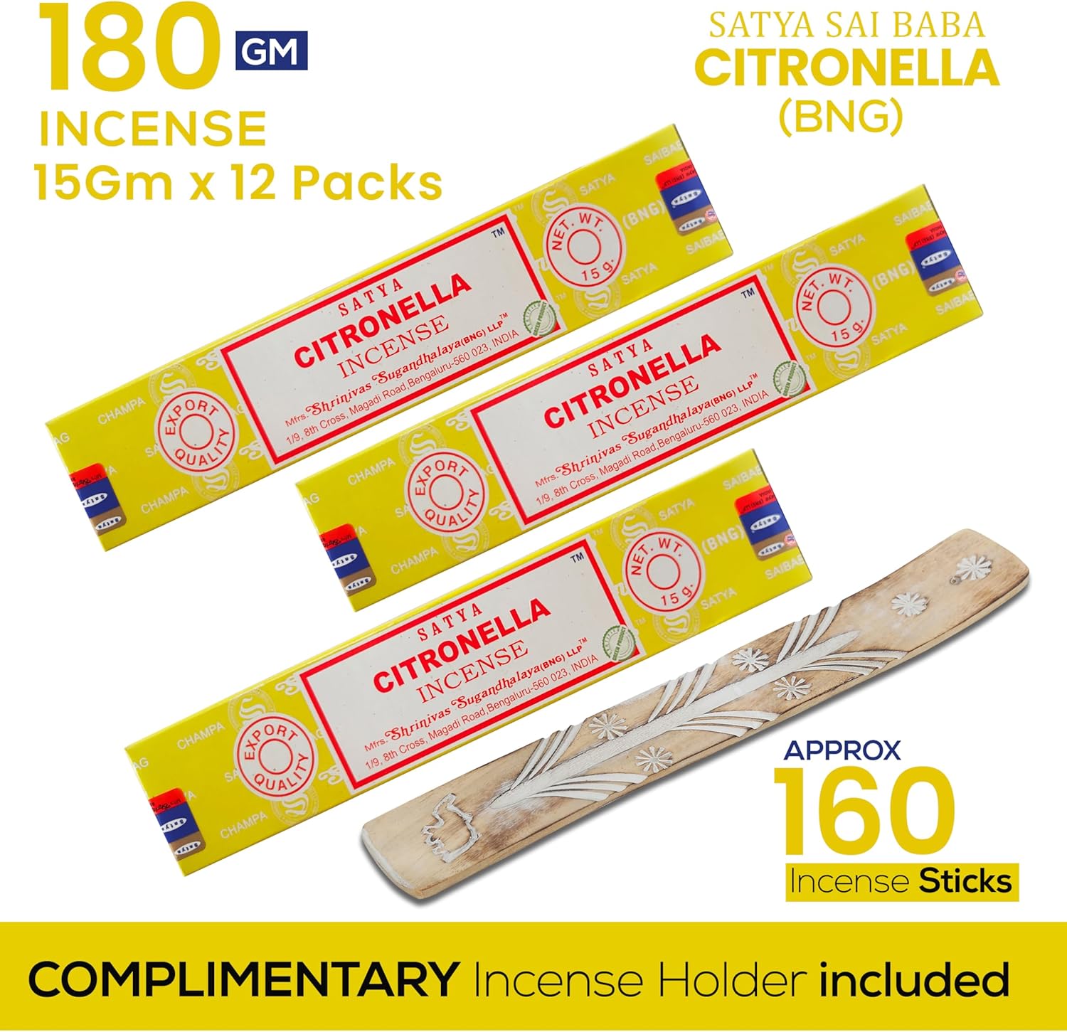 Satya Citronella Incense Sticks 15gmx12 Pack with Raajsee Holder