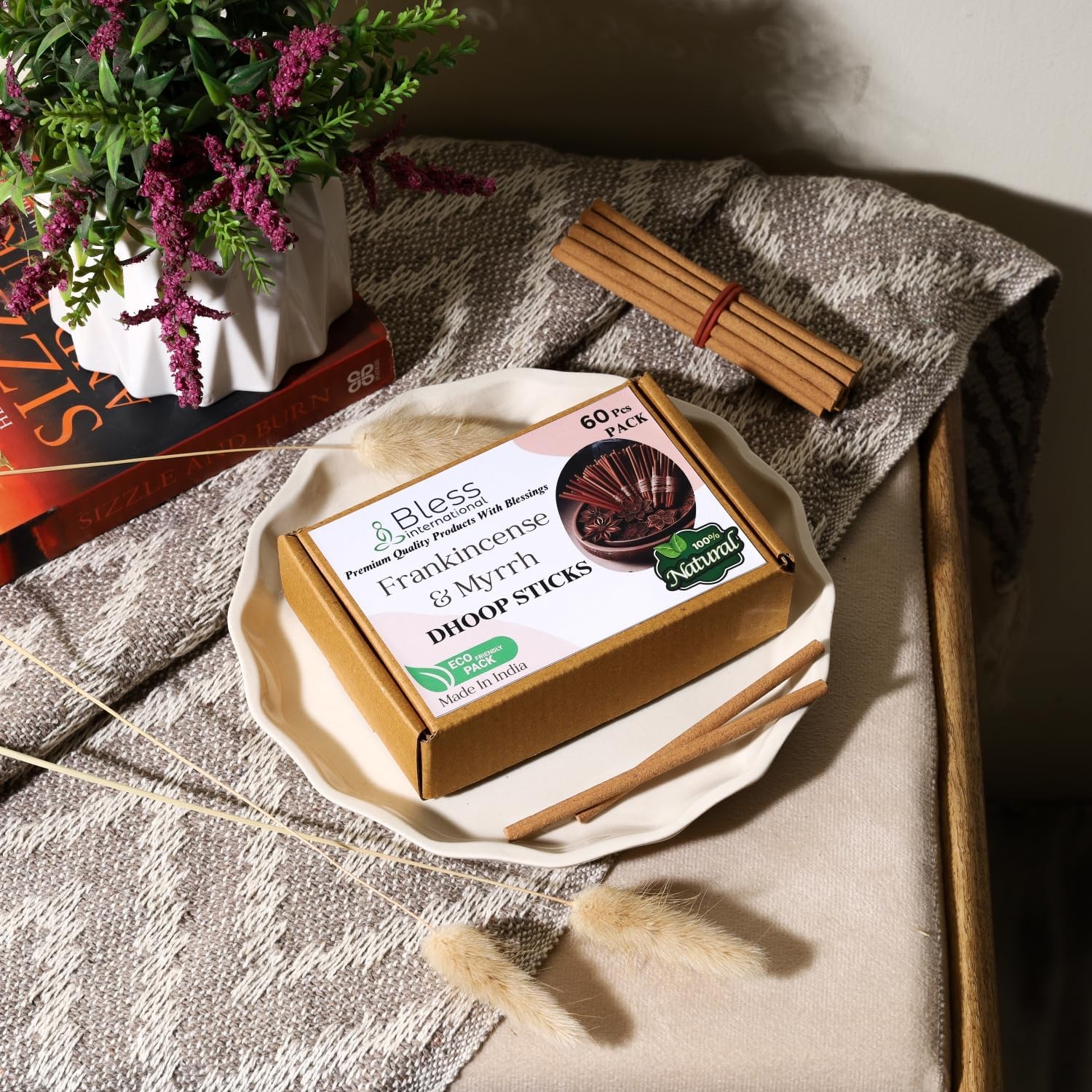 Bless International Frankincense and Myrrh Dhoop Sticks 60 Count Organic Natural Bambooless