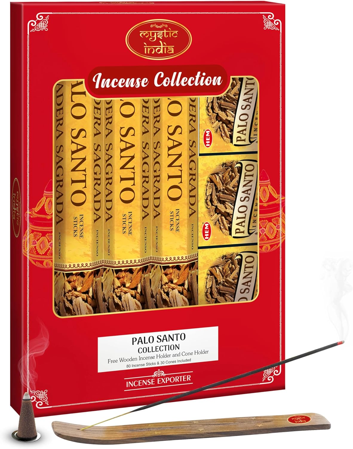 Mystic India Hem Incense Palo Santo 4 Tube Hexa 3 Box Cones with Free Holder