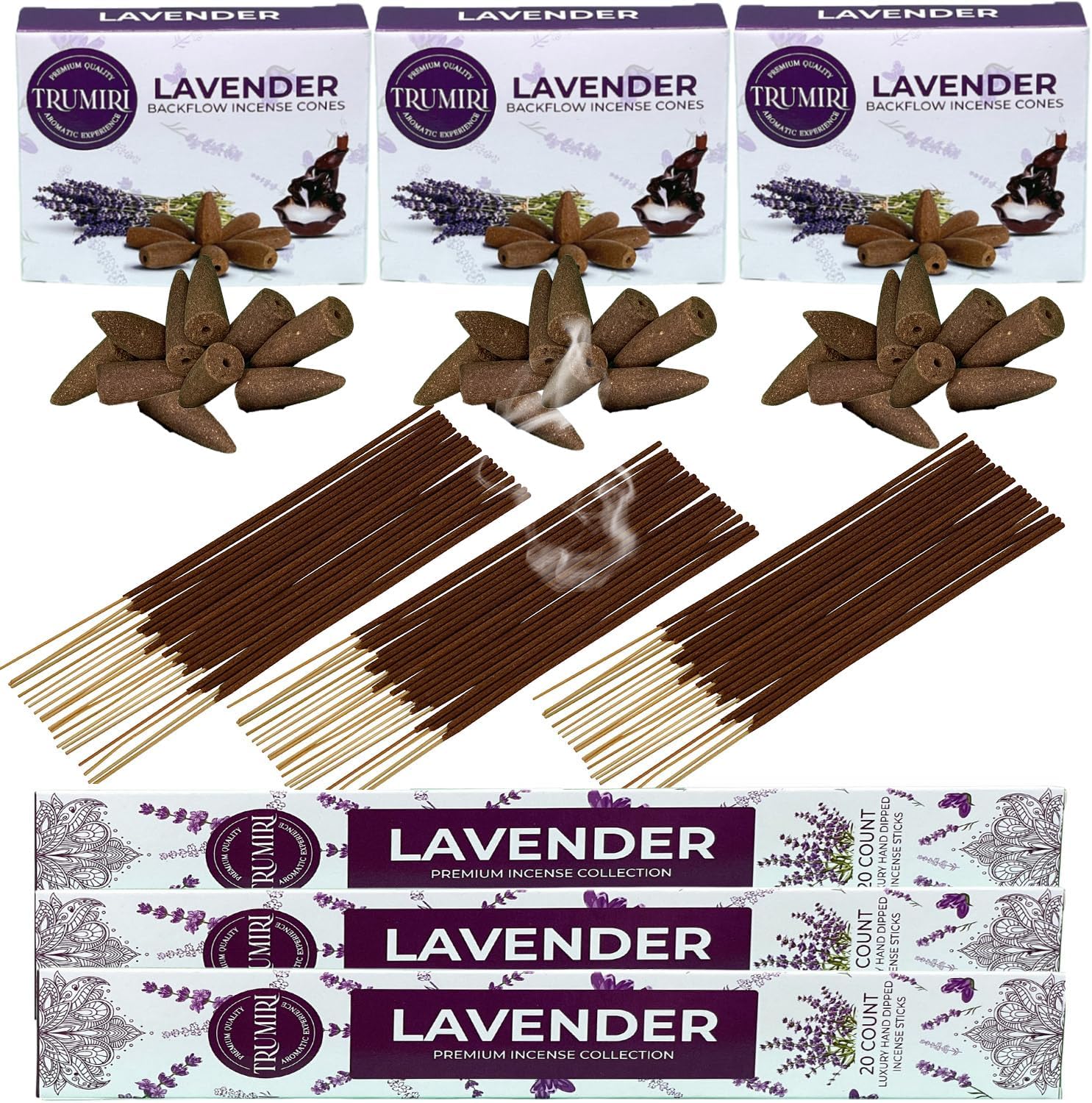 Lavender Incense Sticks Backflow Cones Combo Pack - 60 Sticks 30 Cones