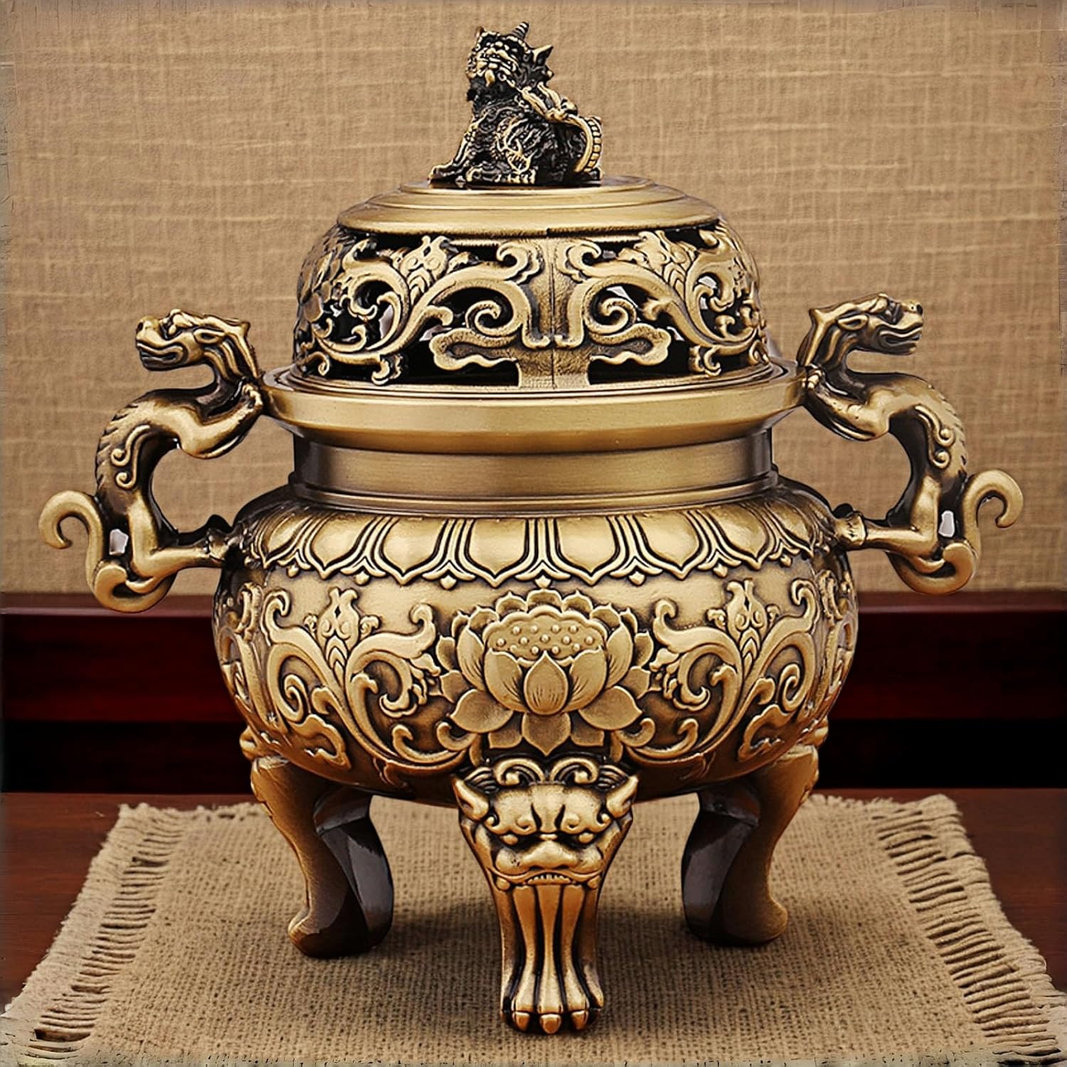 Chinese Brass Incense Burner with Dragon Lid 670g