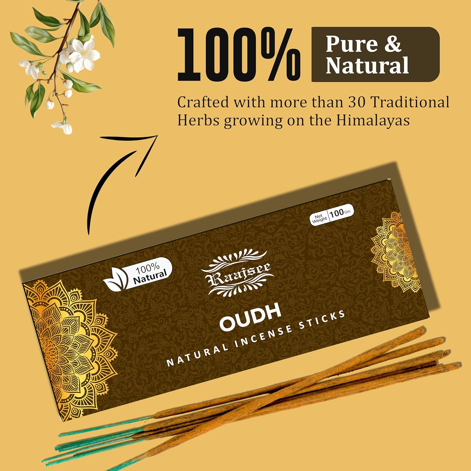 Pure Oud Agarwood Incense Sticks 100gm Pack Handmade Natural
