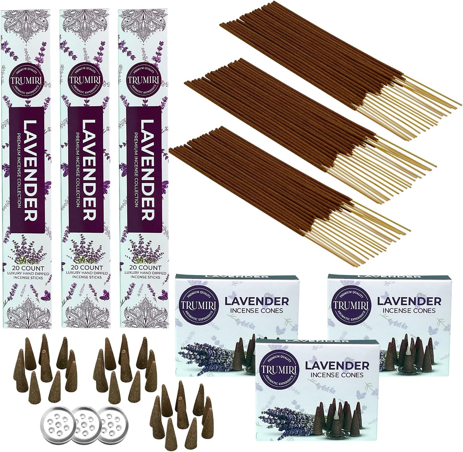 Lavender Incense Sticks Cones Combo Pack - 60 Sticks 30 Cones