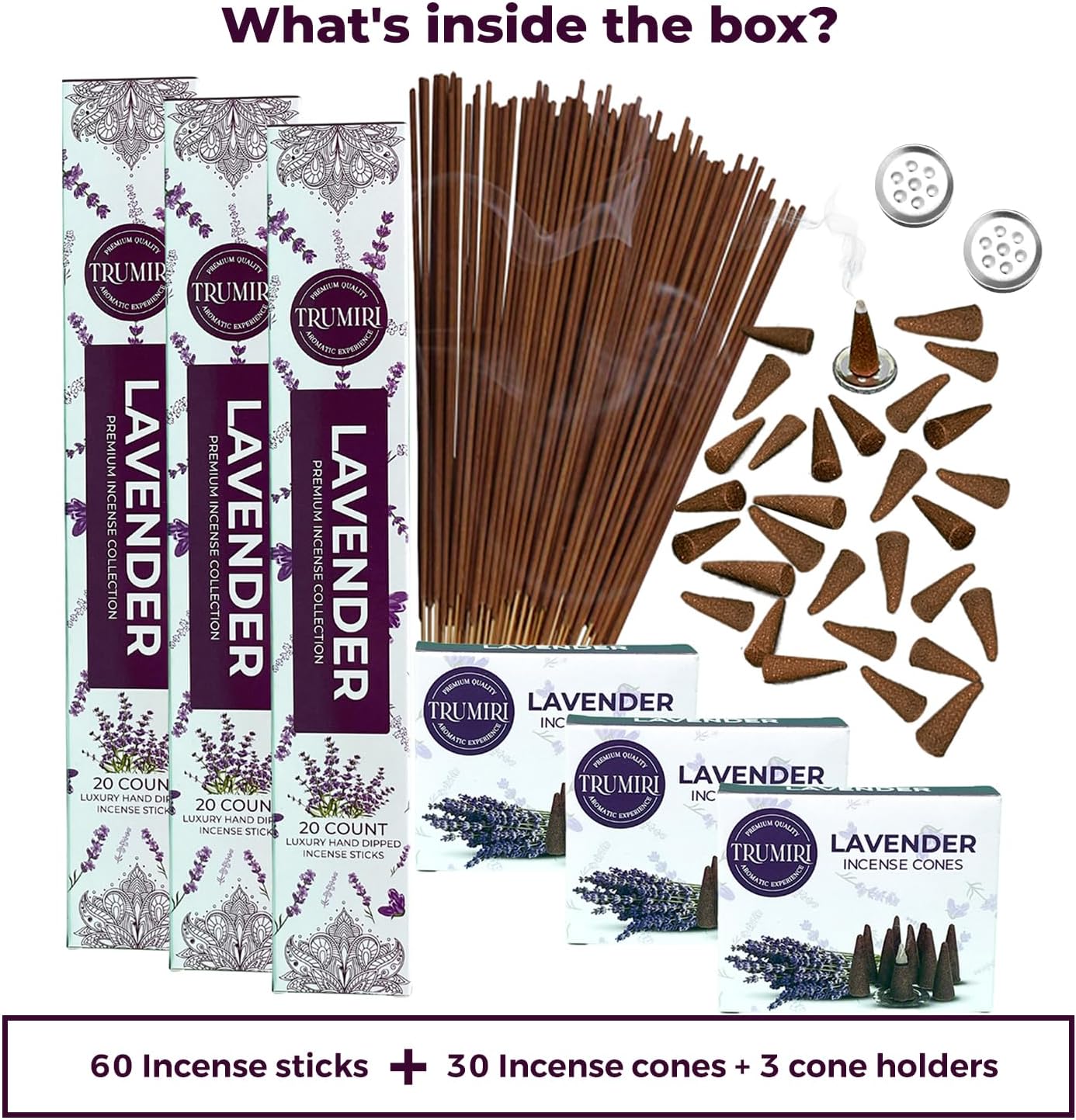 Lavender Incense Sticks Cones Combo Pack - 60 Sticks 30 Cones