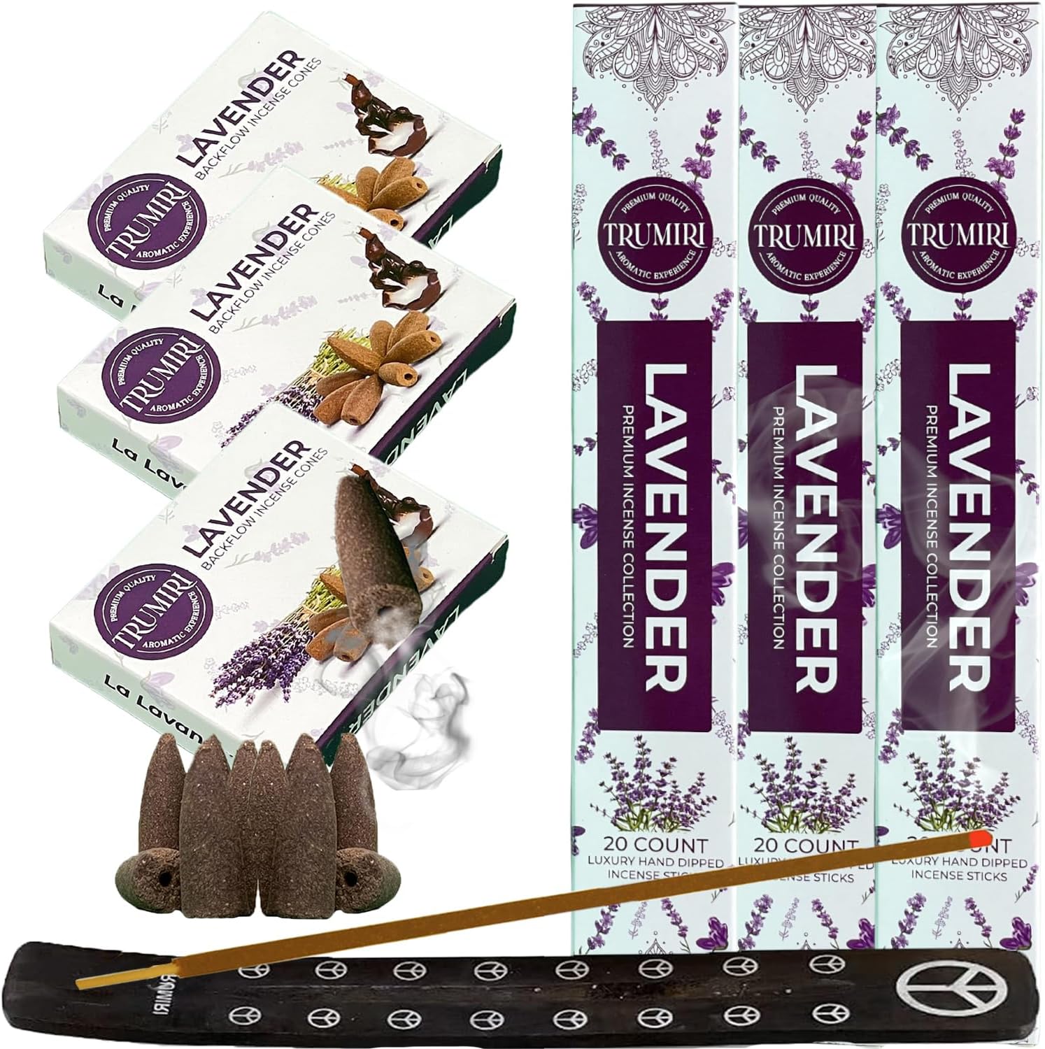 Lavender Incense Sticks Backflow Cones Combo Pack - 60 Sticks 30 Cones
