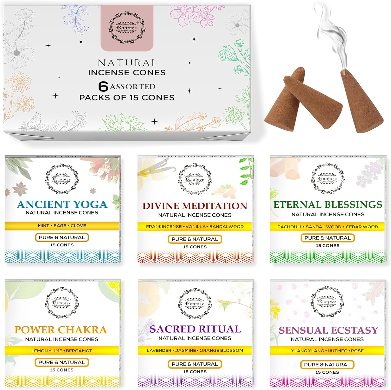 Raajsee Natural Incense Cones Gift Pack 90 Total
