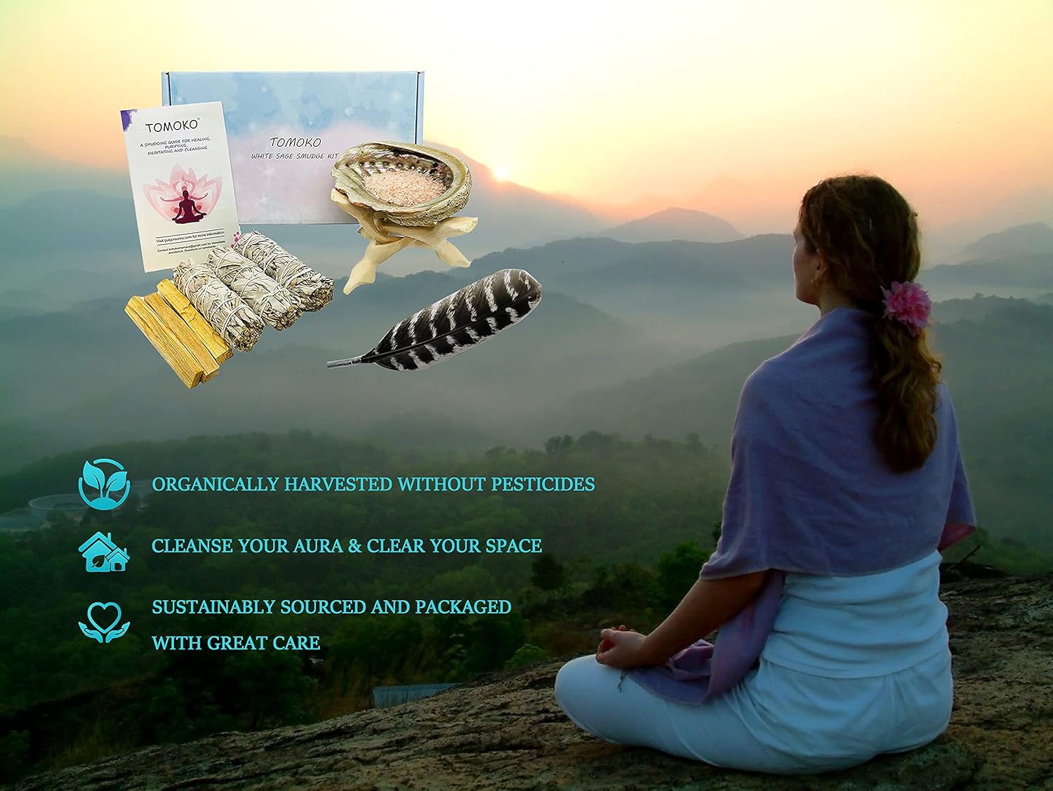 White Sage Smudge Kit - 3 Bundles 3 Palo Santo Abalone Shell Wooden Stand Feather Smudging Guide