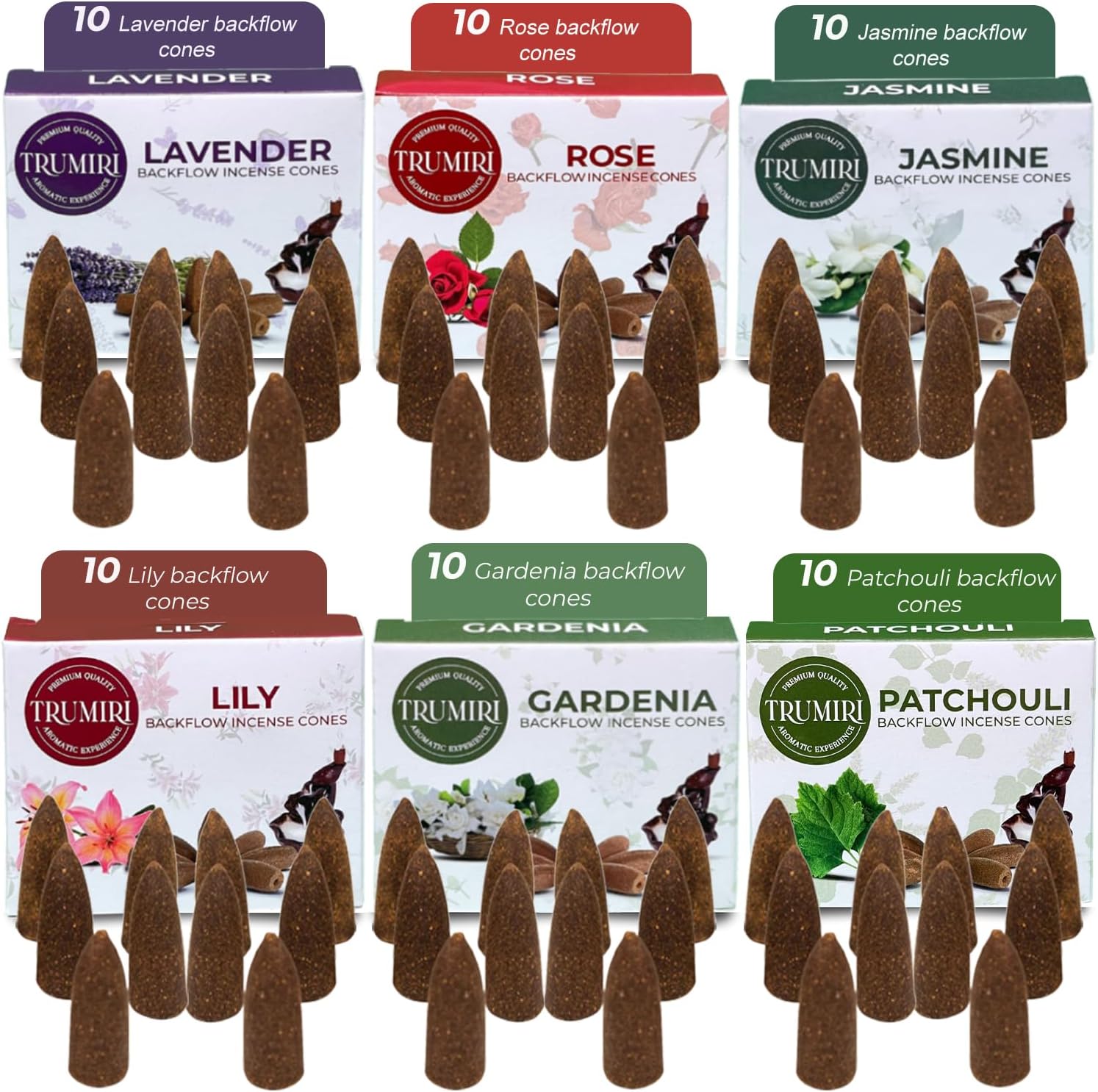 Trumiri Floral Backflow Incense Cones - 60 Large Variety Pack