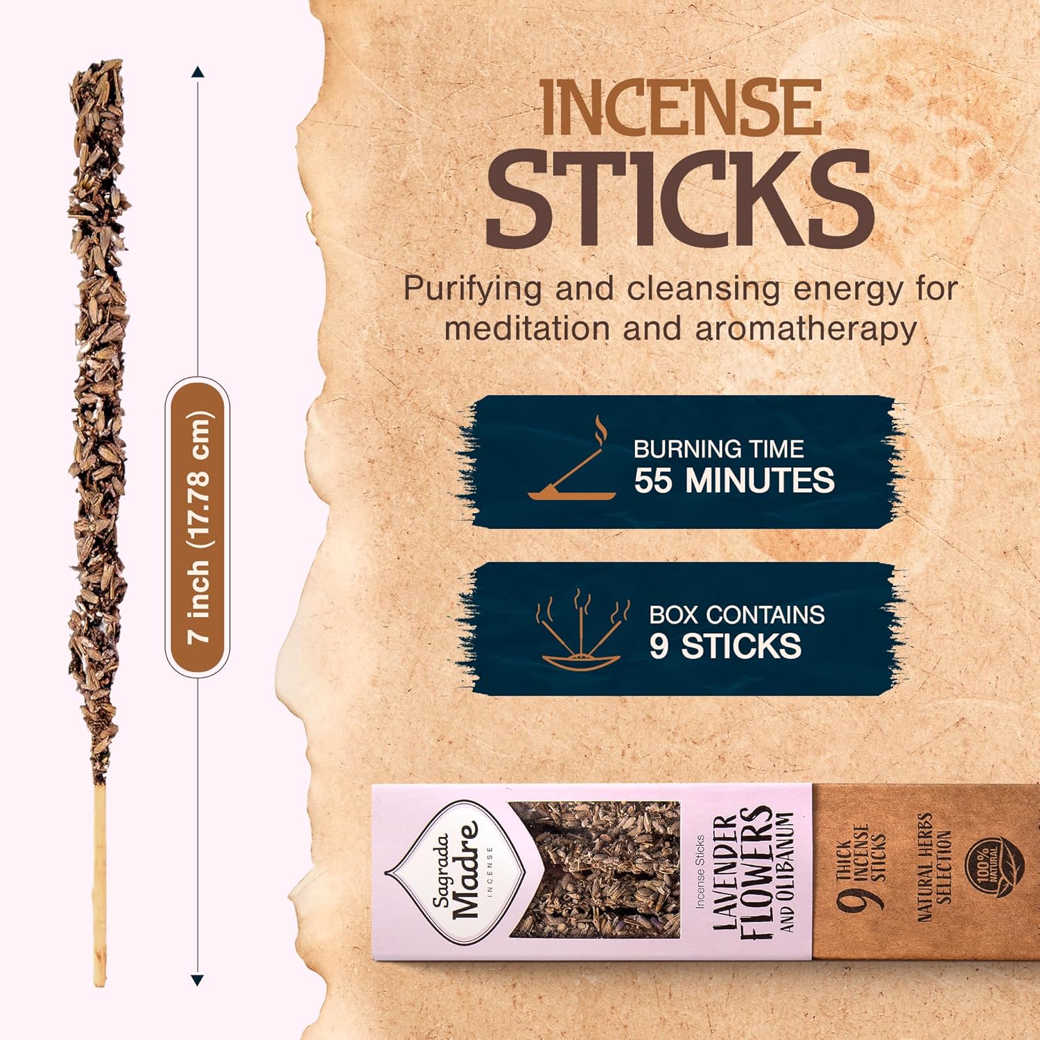 Sagrada Madre 9 pcs Natural Lavender Olibanum Incense Sticks
