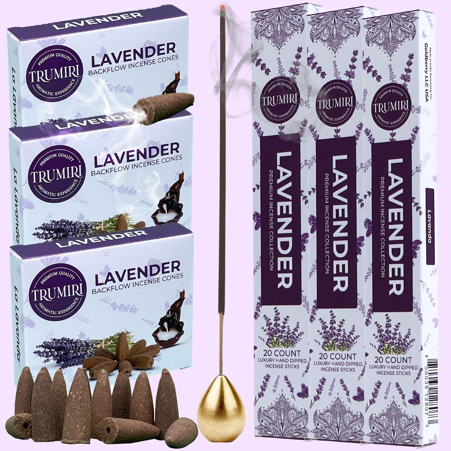 Lavender Incense Sticks Backflow Cones Combo Pack - 60 Sticks 30 Cones