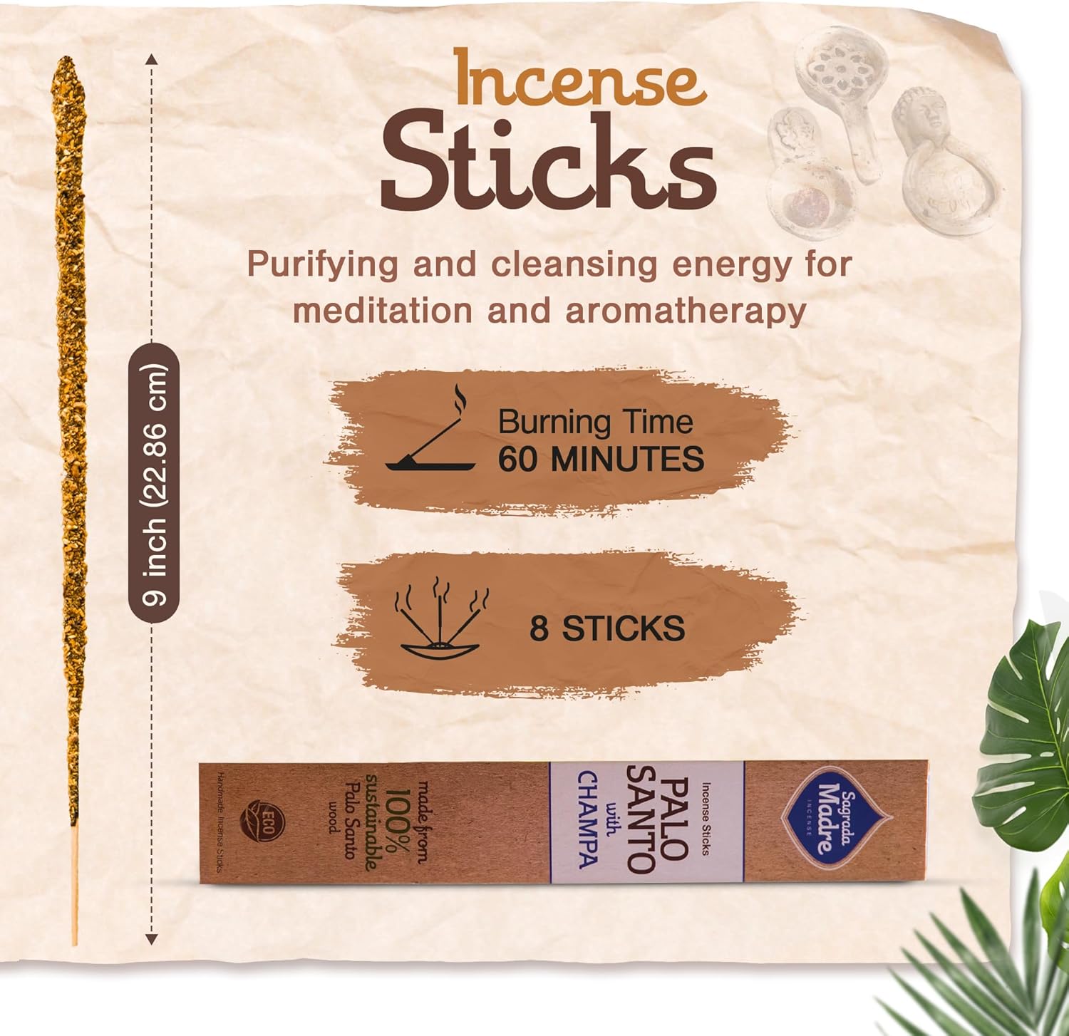 Sagrada Madre 8pcs Wild Harvested Palo Santo Incense Sticks 9 Long
