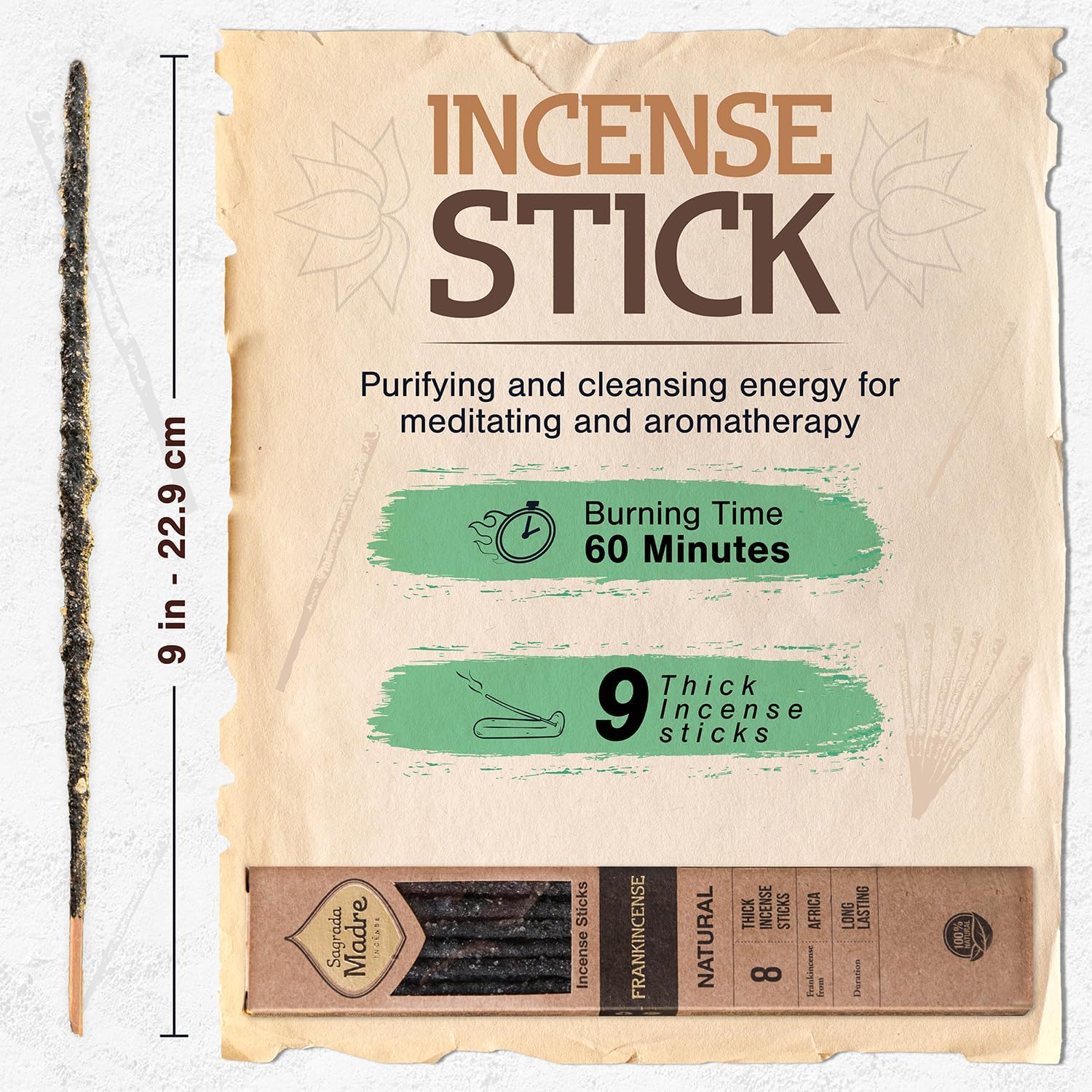8pcs Wild Harvested Thick Natural Frankincense Incense Sticks 9 Inch Eco Friendly Aromatic Non Toxic