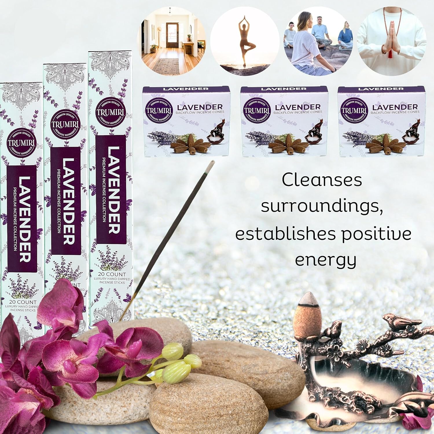 Lavender Incense Sticks Backflow Cones Combo Pack - 60 Sticks 30 Cones