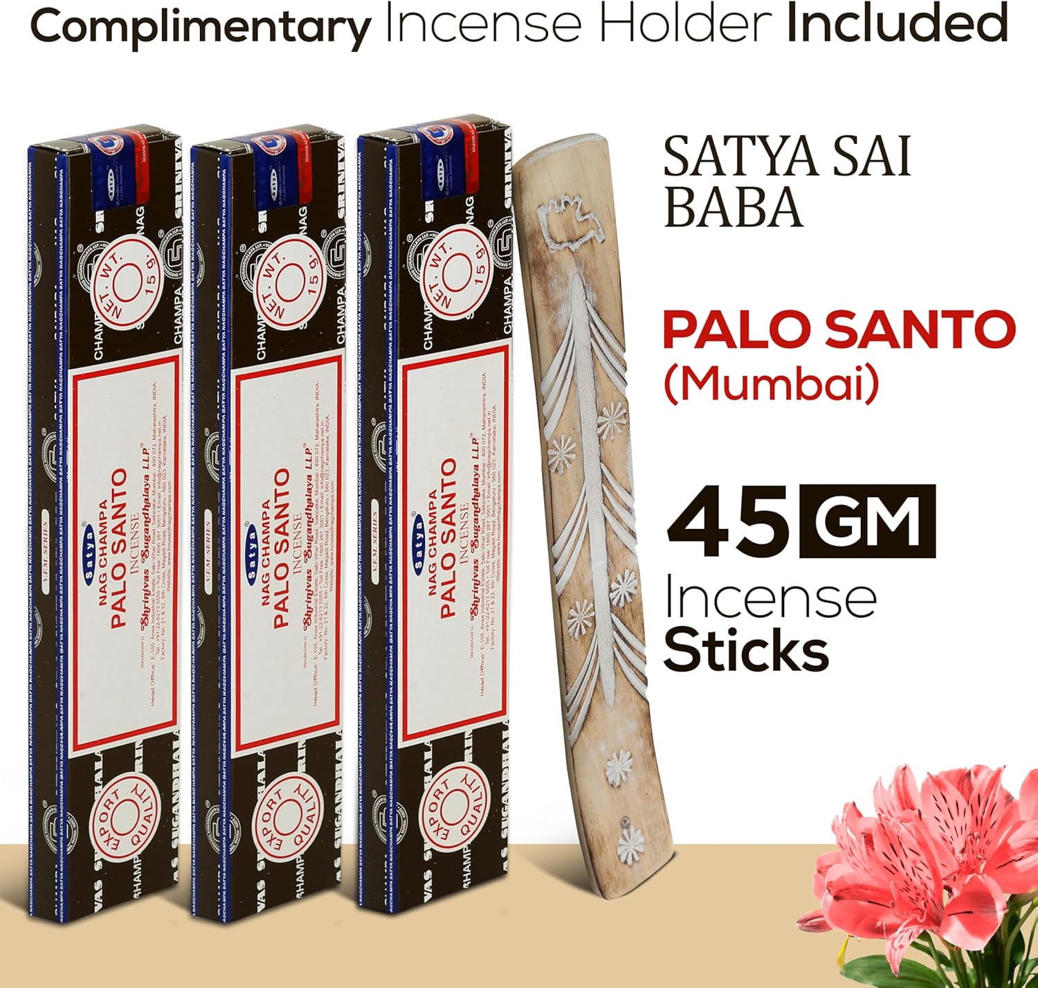 Satya Nag Champa Palo Santo Incense Sticks 45gm Pack with Raajsee Holder