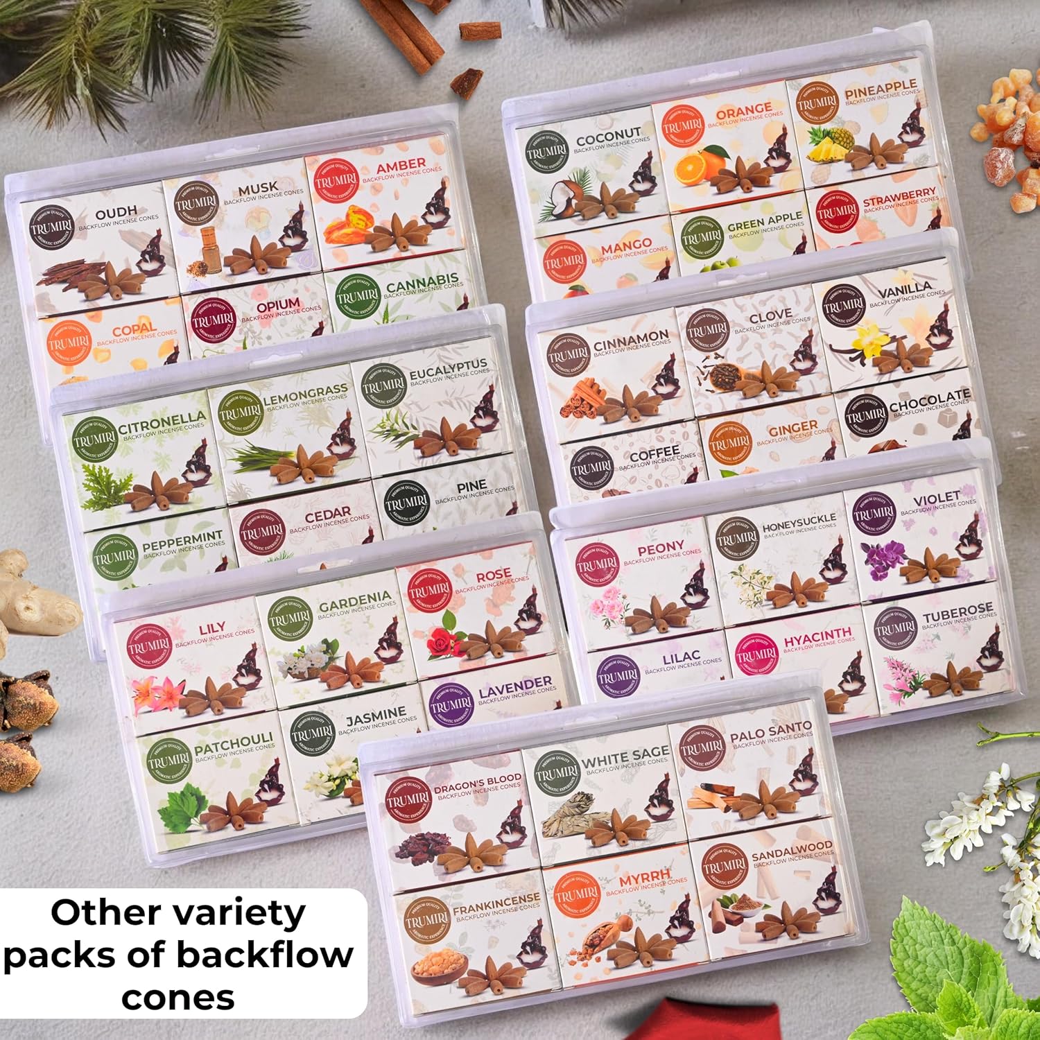Trumiri Floral Backflow Incense Cones - 60 Large Variety Pack