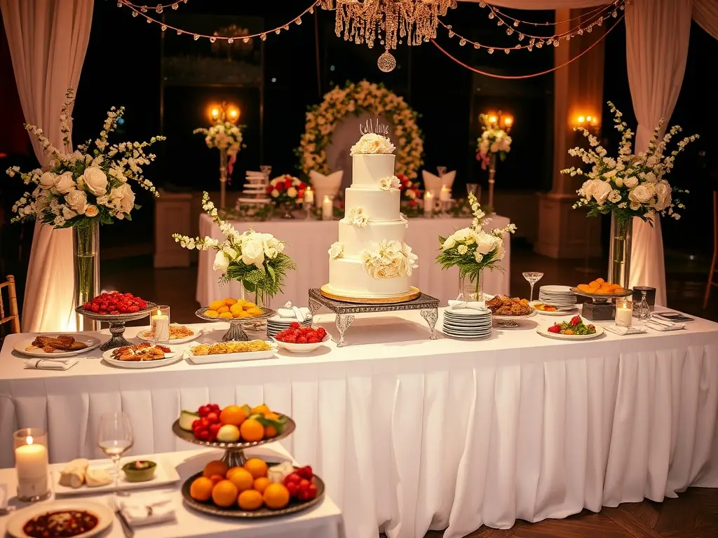 A romantic wedding reception with a beautifully decorated table, featuring a stunning wedding cake and a selection of gourmet dishes, showcasing TZOTZILAFOOD's ability to create unforgettable wedding experiences.