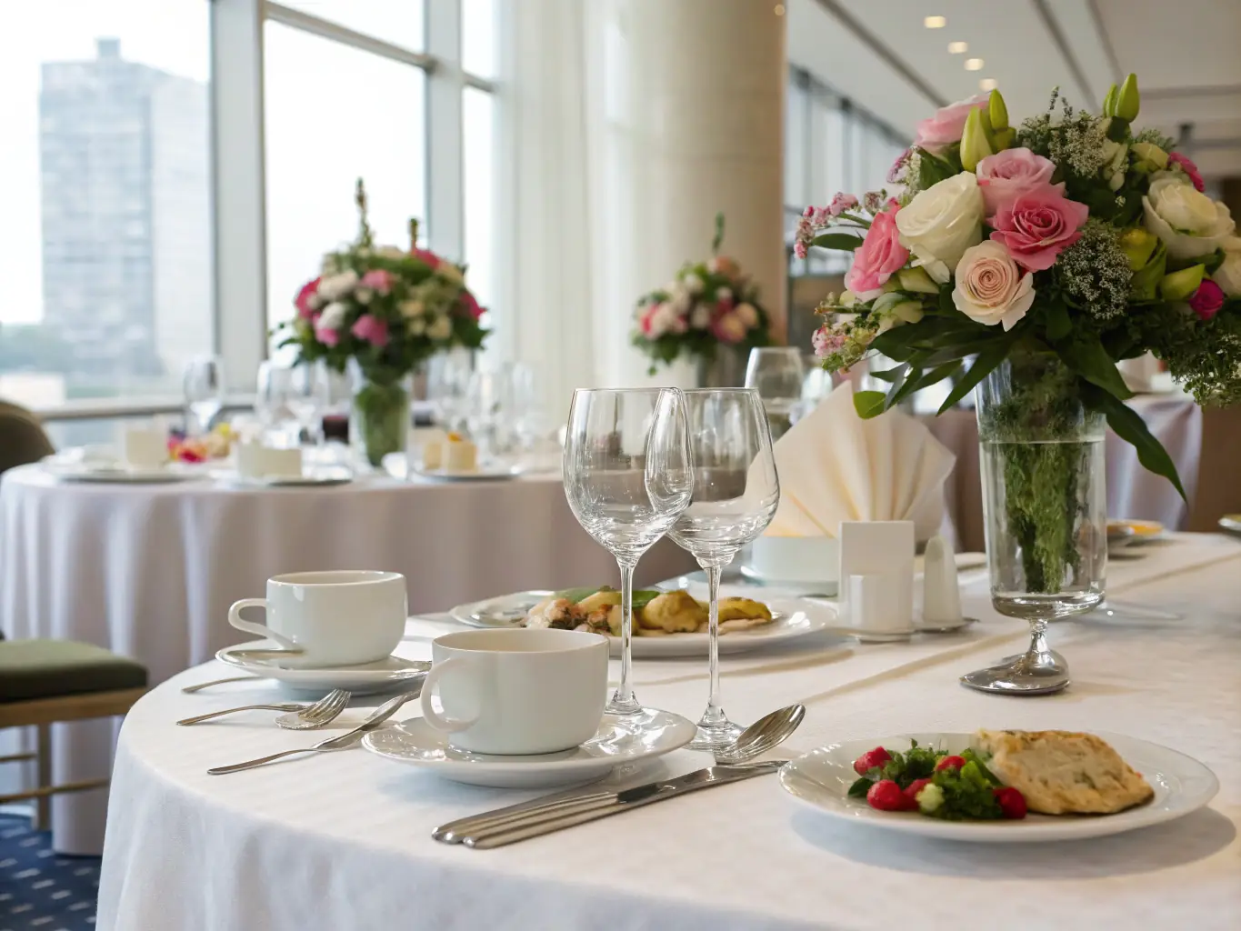 A beautifully decorated conference table set for a business meeting, featuring elegant place settings and a selection of gourmet appetizers and beverages, showcasing TZOTZILAFOOD's catering services for corporate events.