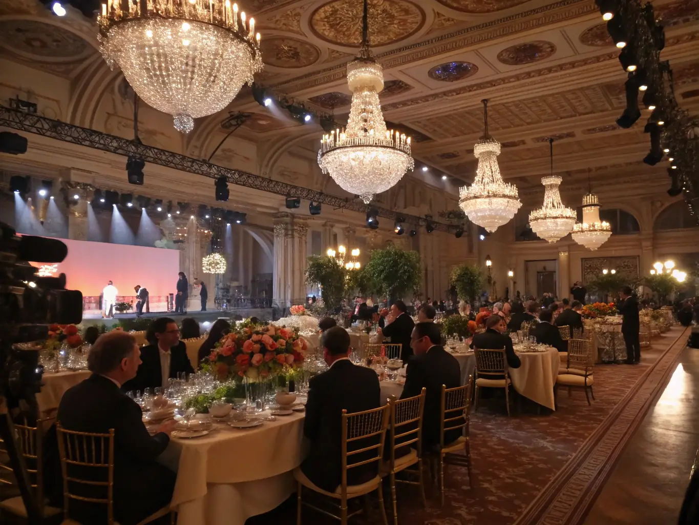 A glamorous gala setting with elegantly dressed guests enjoying a multi-course meal, featuring sophisticated dishes and fine wines, highlighting TZOTZILAFOOD's expertise in catering high-end events.